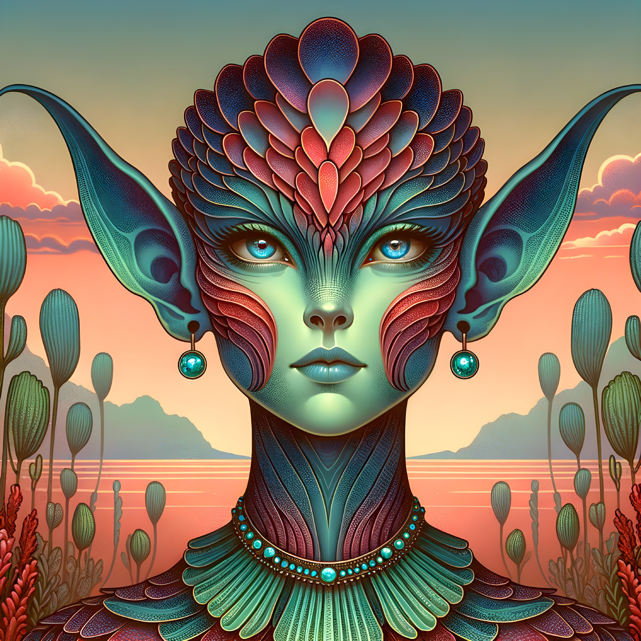 Fantastical humanoid figure with teal skin and jewelry