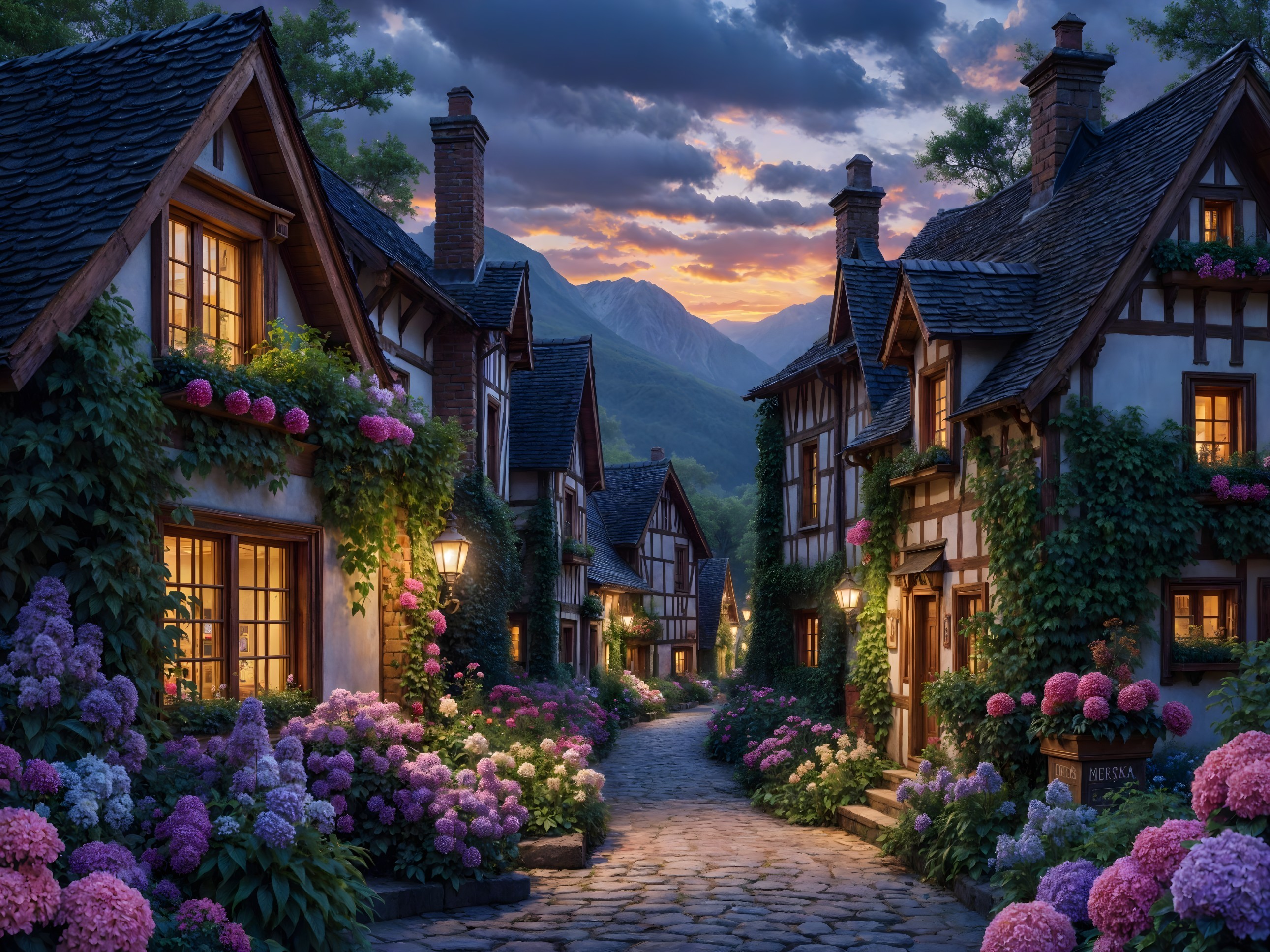 Charming Cobblestone Street with Cottages and Flowers