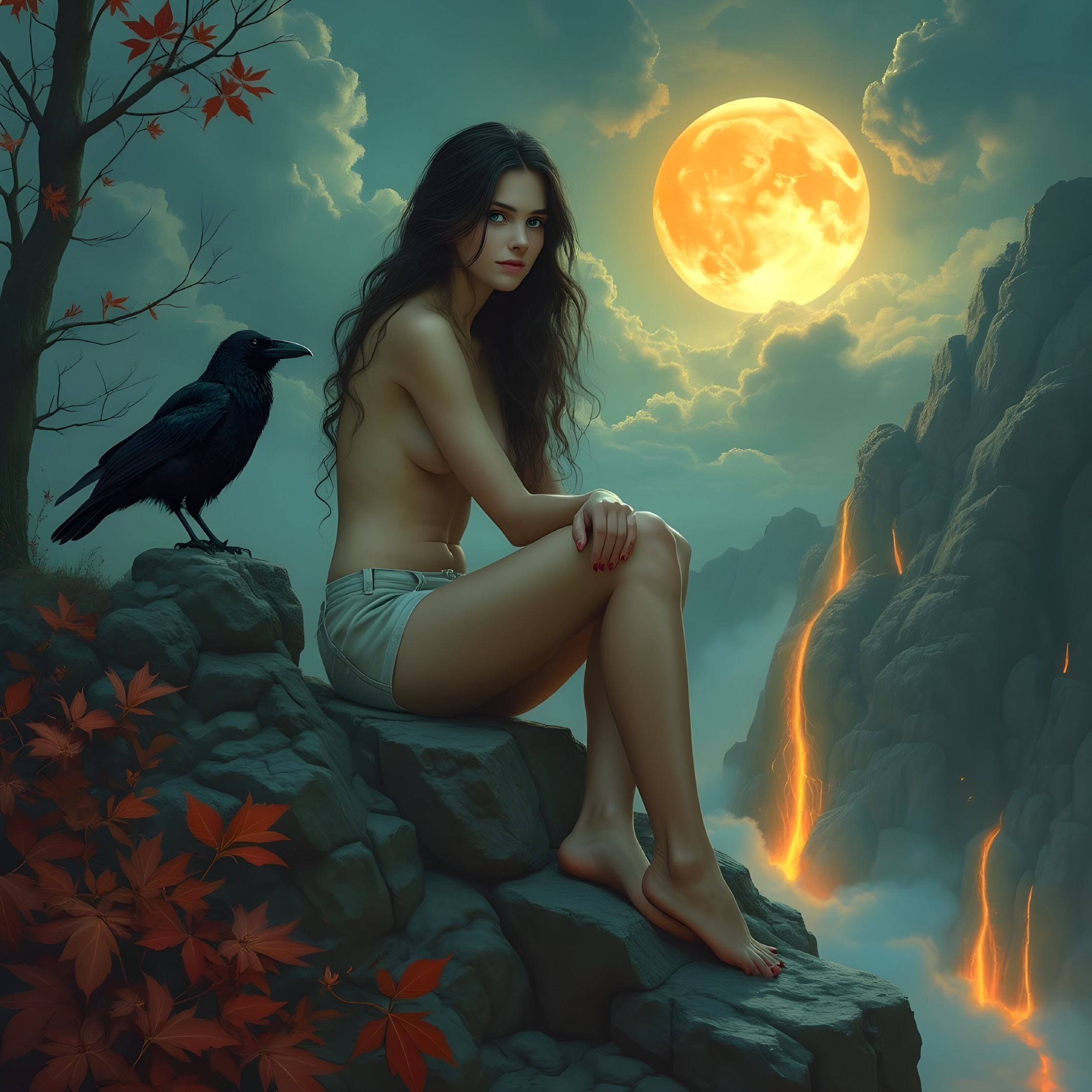 Mystical Landscape with Woman and Raven Under Moon