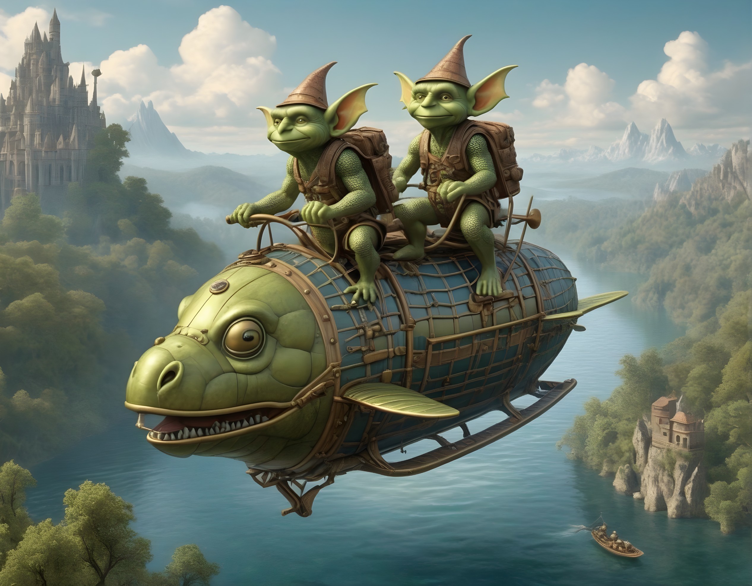Animated goblins on fish-shaped airship in fantasy landscape