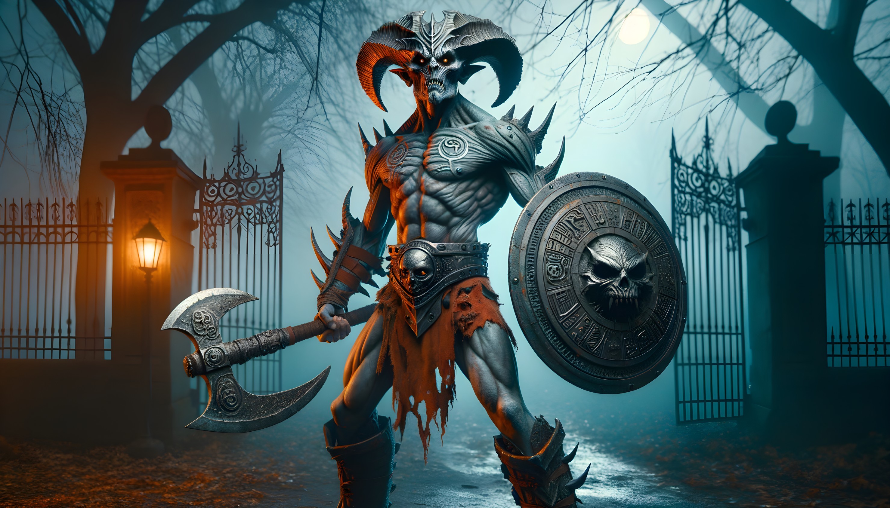 Demon Warrior in Foggy Forest with Twisted Trees