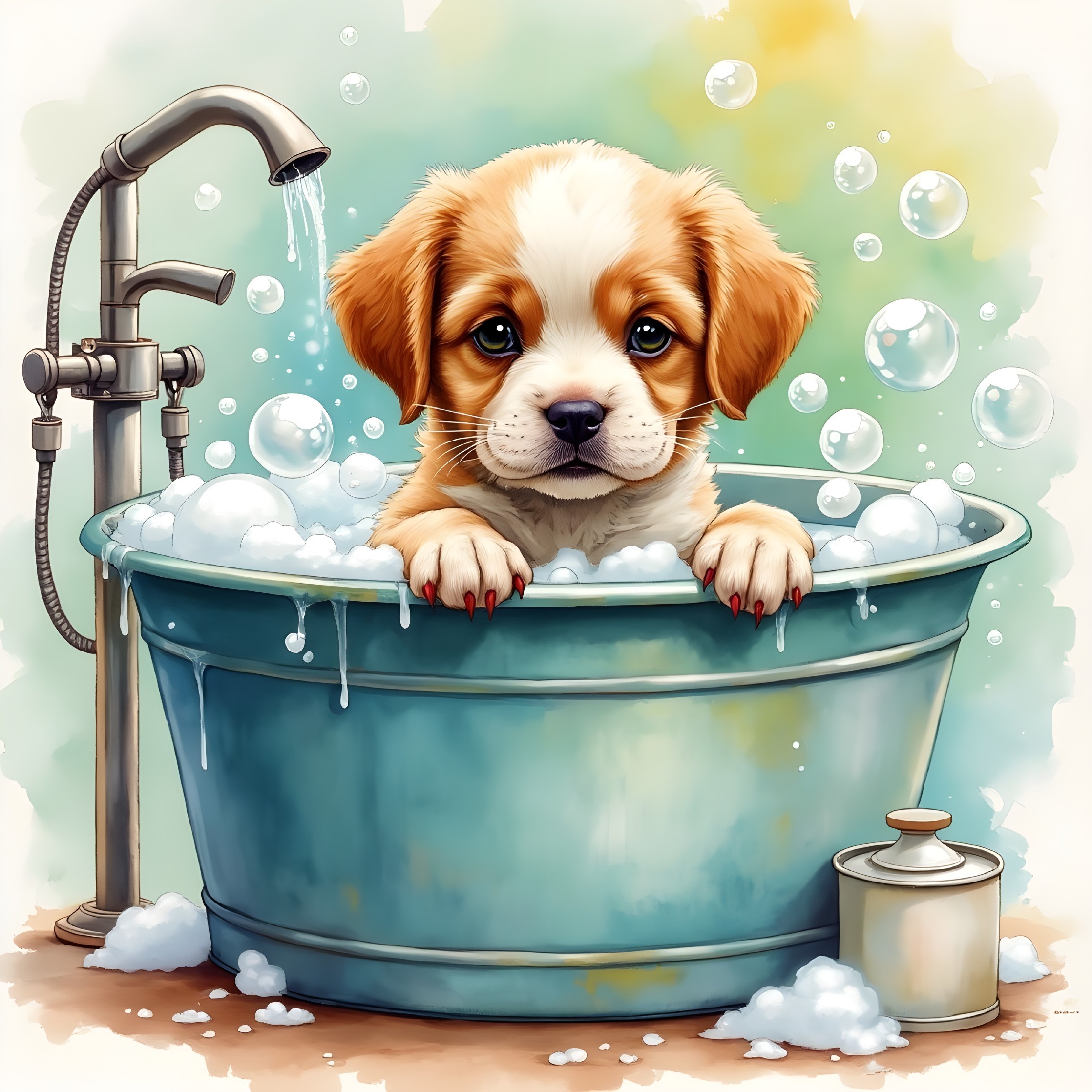 Puppy in Teal Bathtub Surrounded by Soapy Bubbles