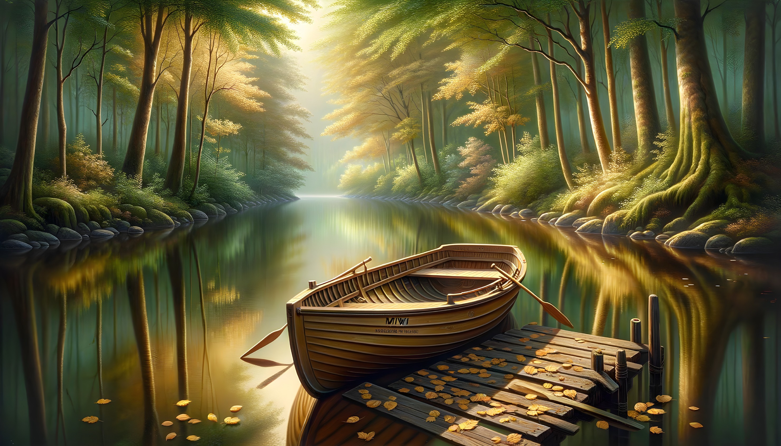 Wooden Boat on Calm River Surrounded by Autumn Foliage