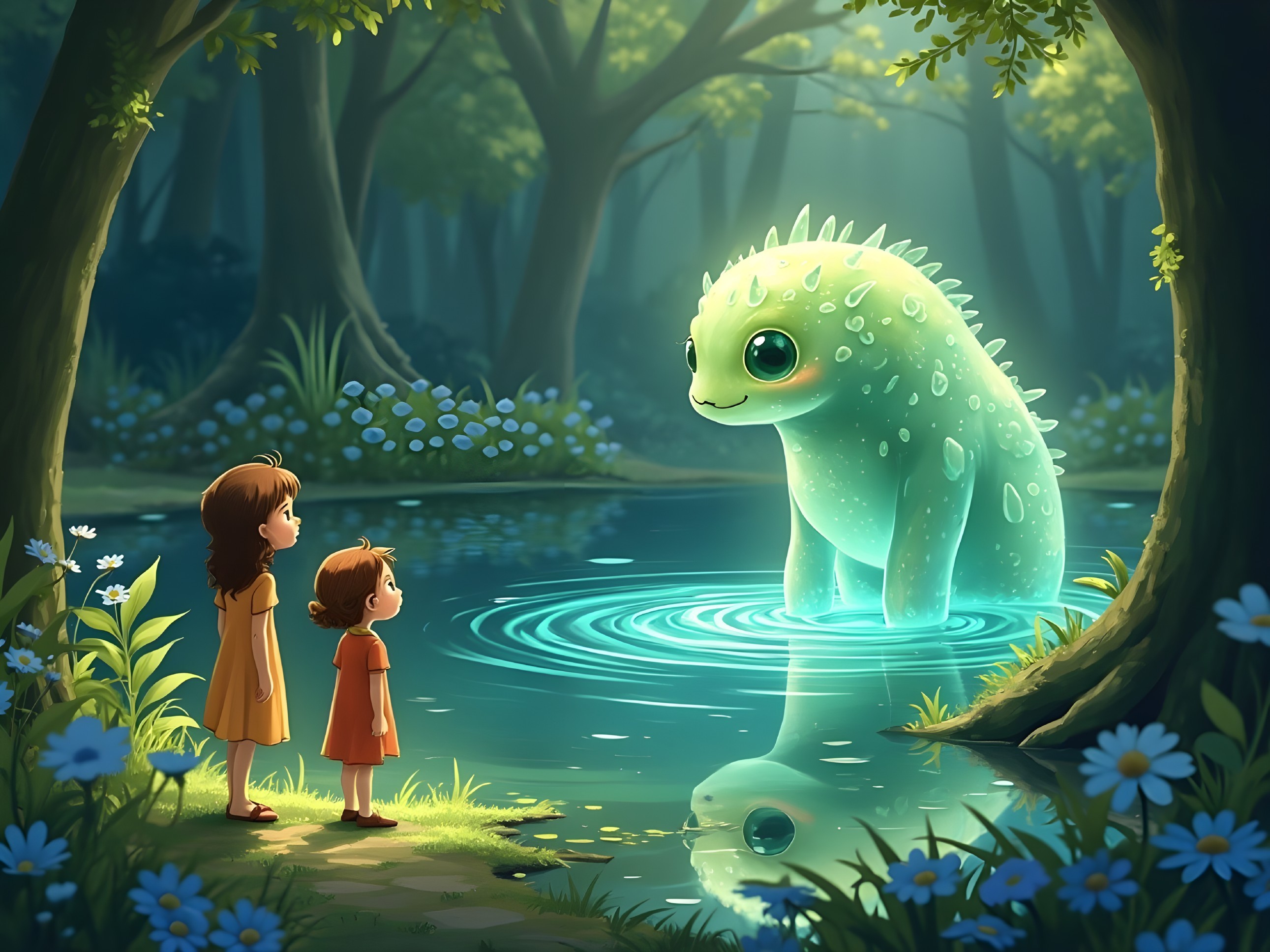 Children Observe Glowing Creature in Whimsical Forest