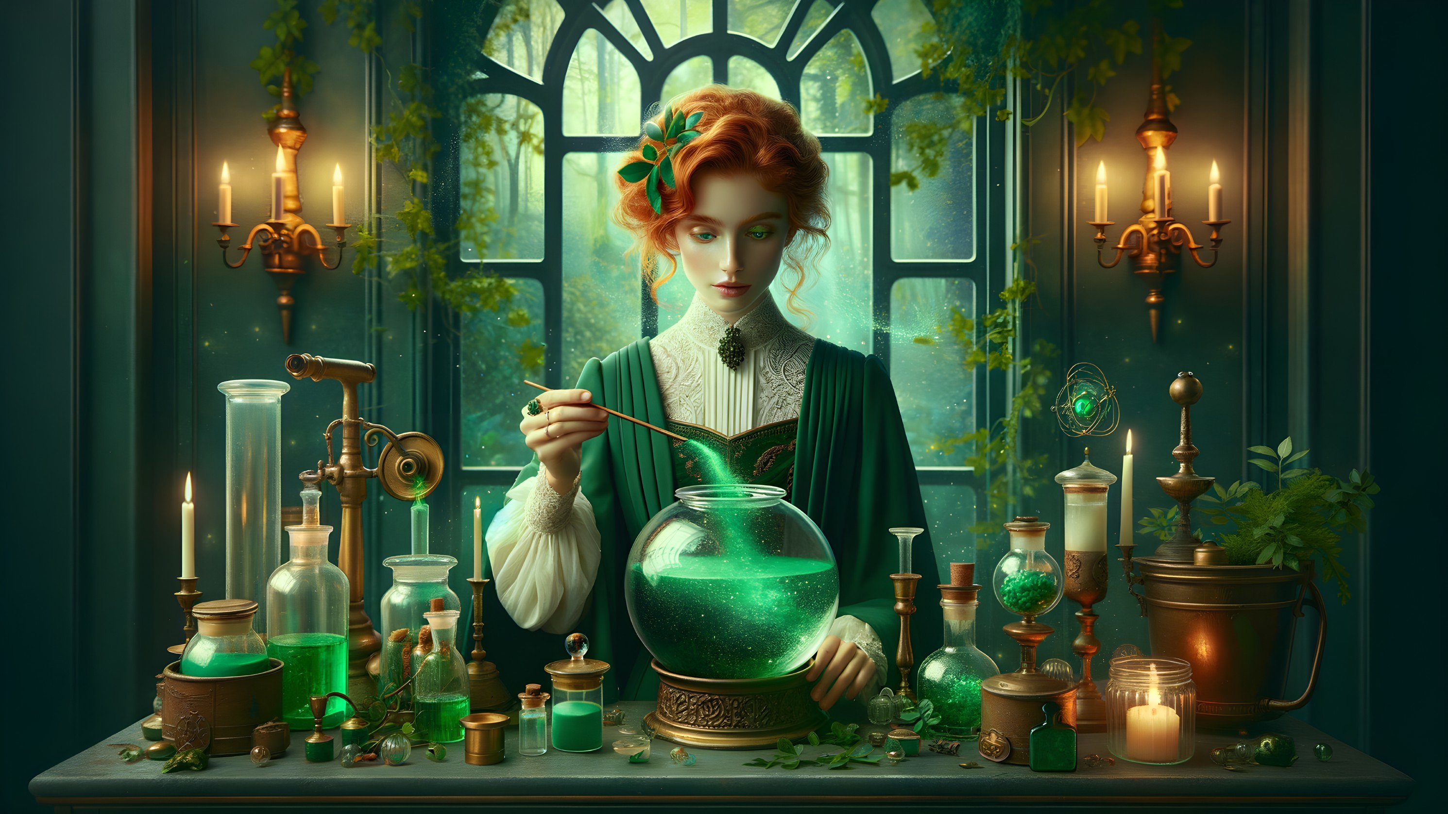 Enchanted Room with Young Woman and Glowing Potion
