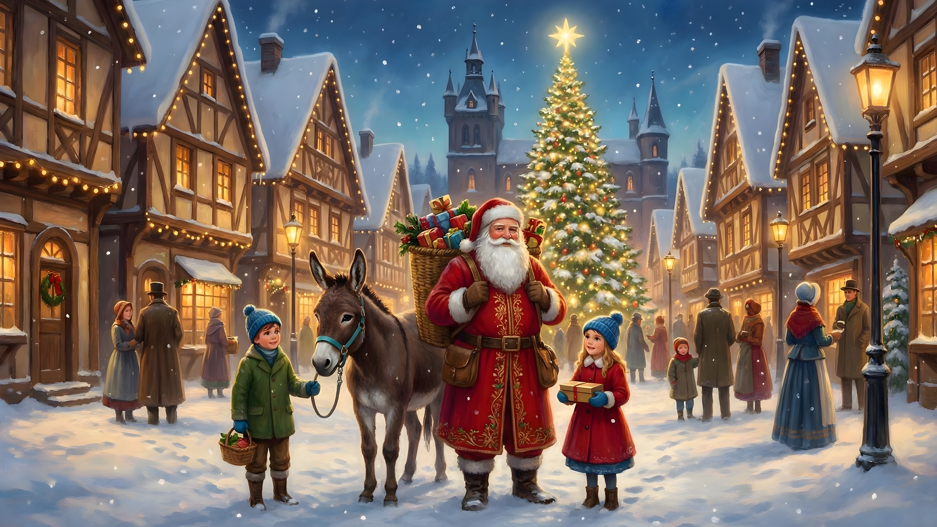 Digital Painting of Santa Claus in Snowy Village Scene