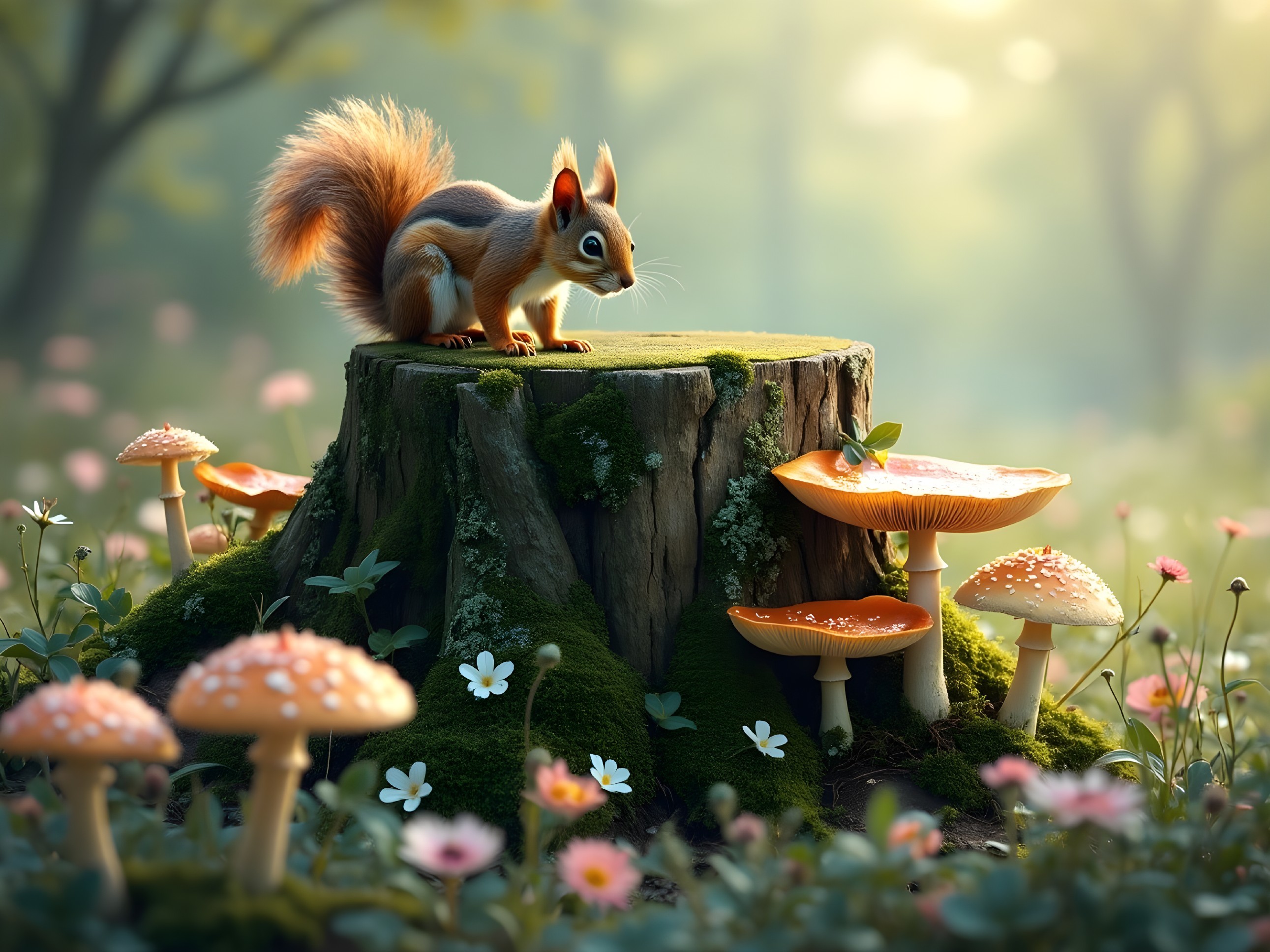 Squirrel on Mossy Stump Surrounded by Vibrant Fungi