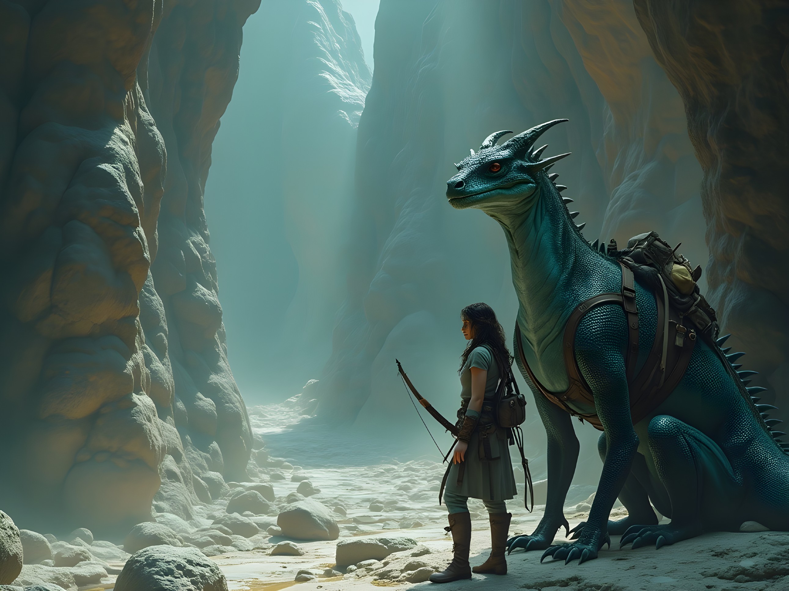 Warrior and Reptilian Creature in Misty Canyon Landscape