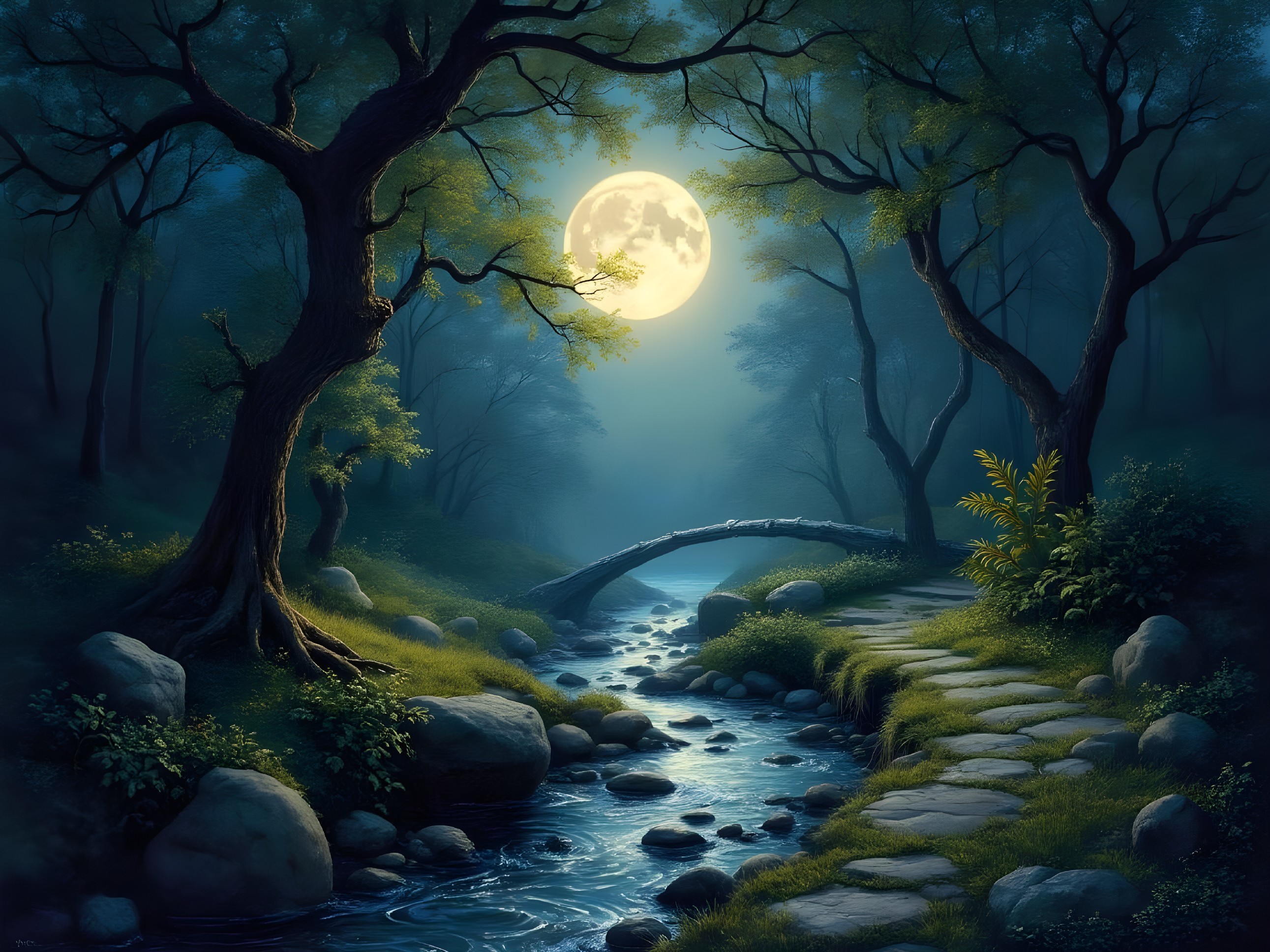 Tranquil Night Scene with Moonlit Stream and Bridge