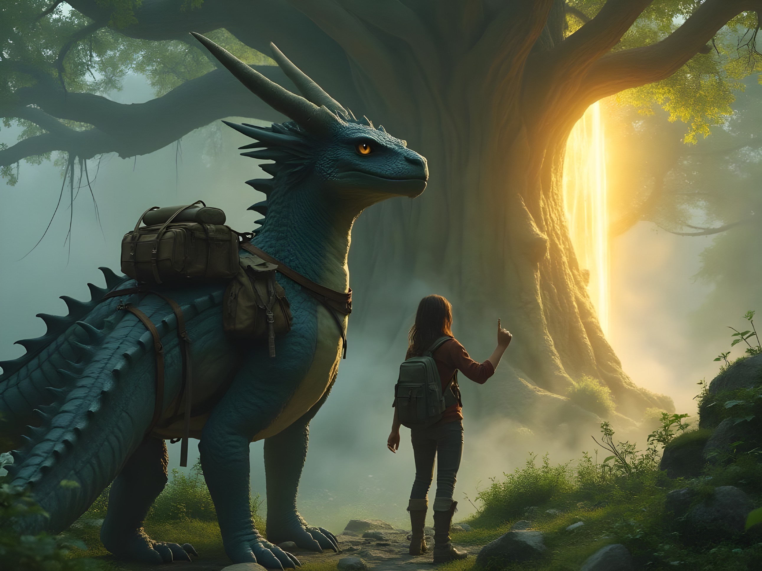 Girl and Blue Dragon by Glowing Tree Portal