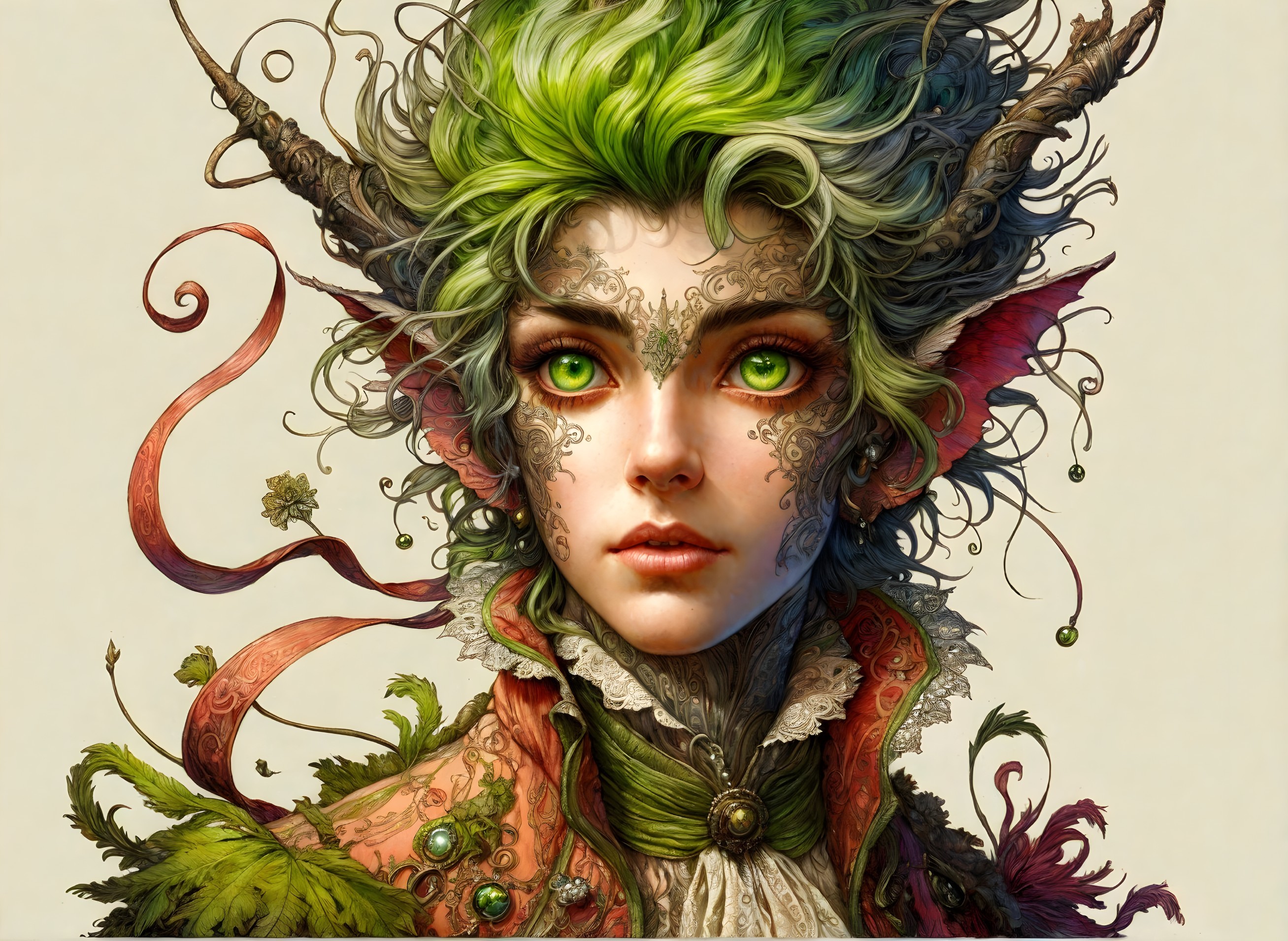 Fantastical female character with green eyes, hair, horns, tattoos, nature-themed attire.