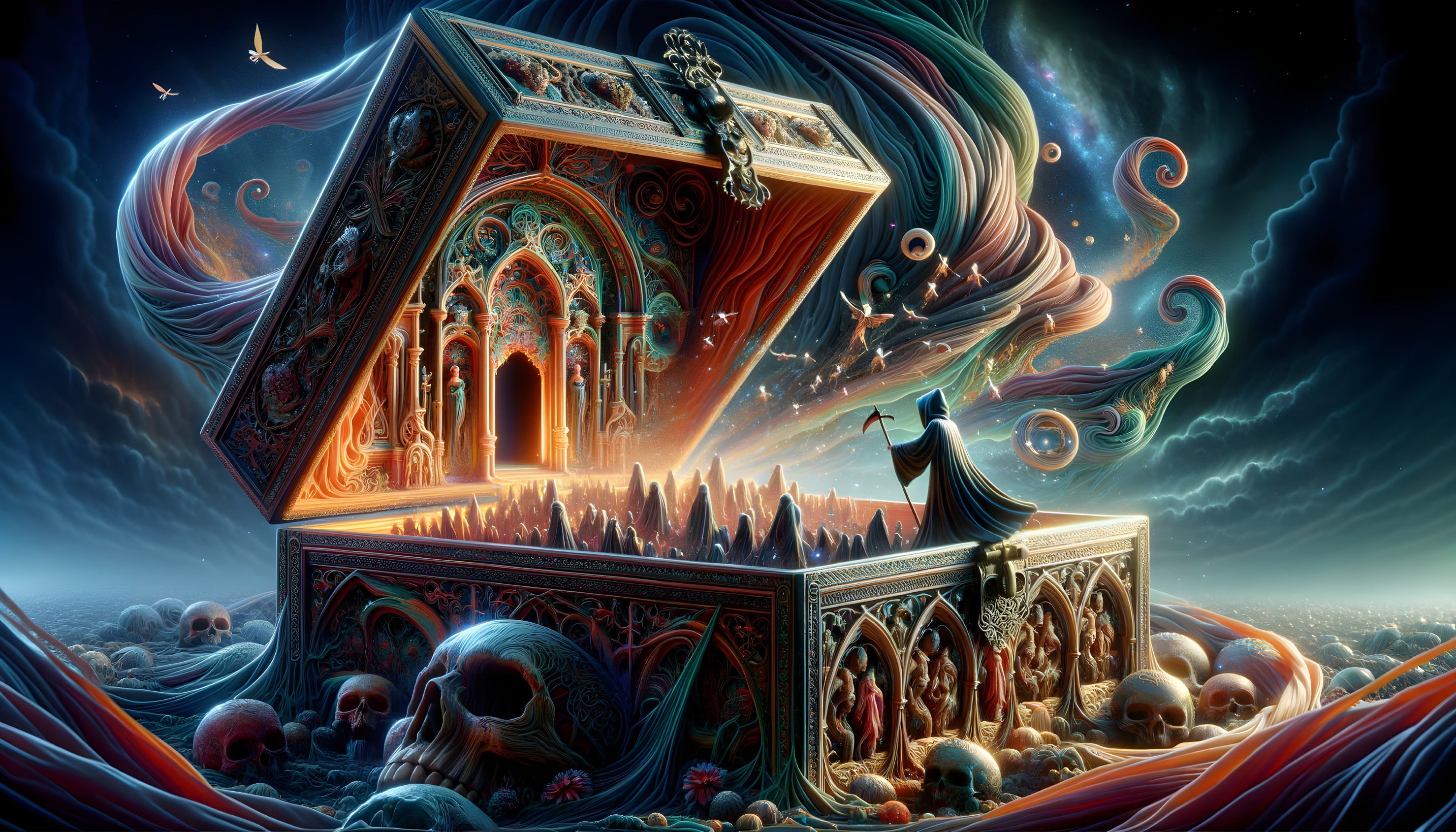 Surreal digital artwork: Figure at cosmic cathedral