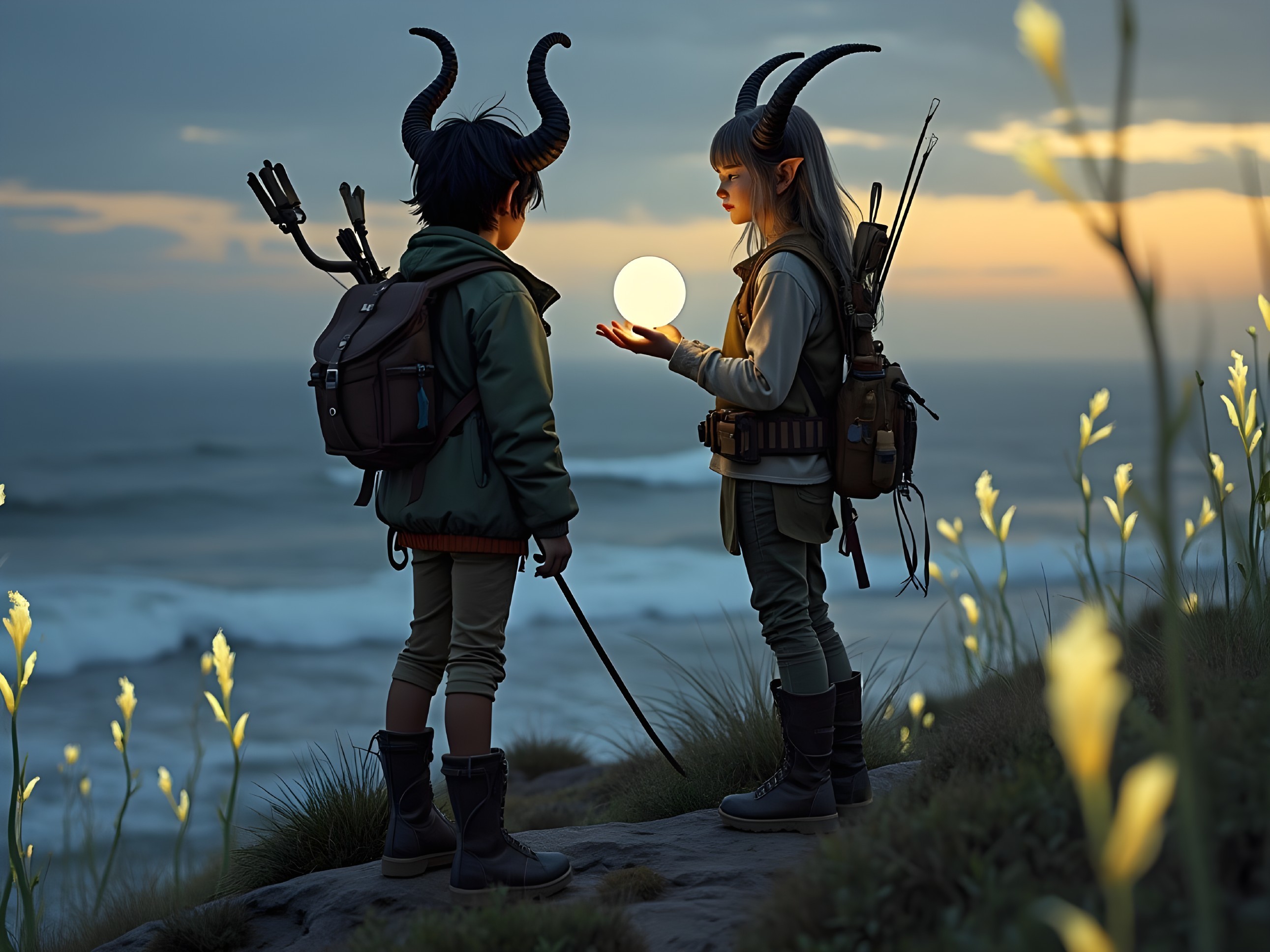 Young Adventurers Overlooking Ocean at Sunset