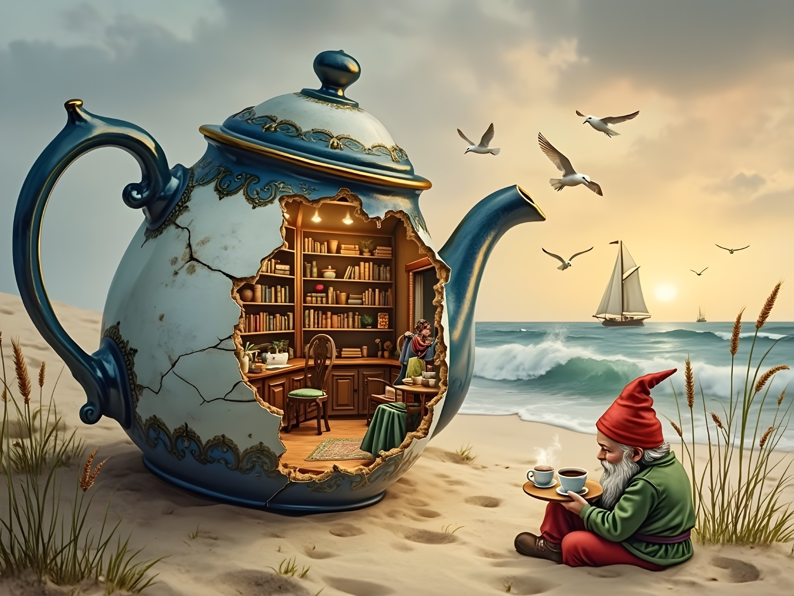 Whimsical Library Inside Cracked Teapot by Beach