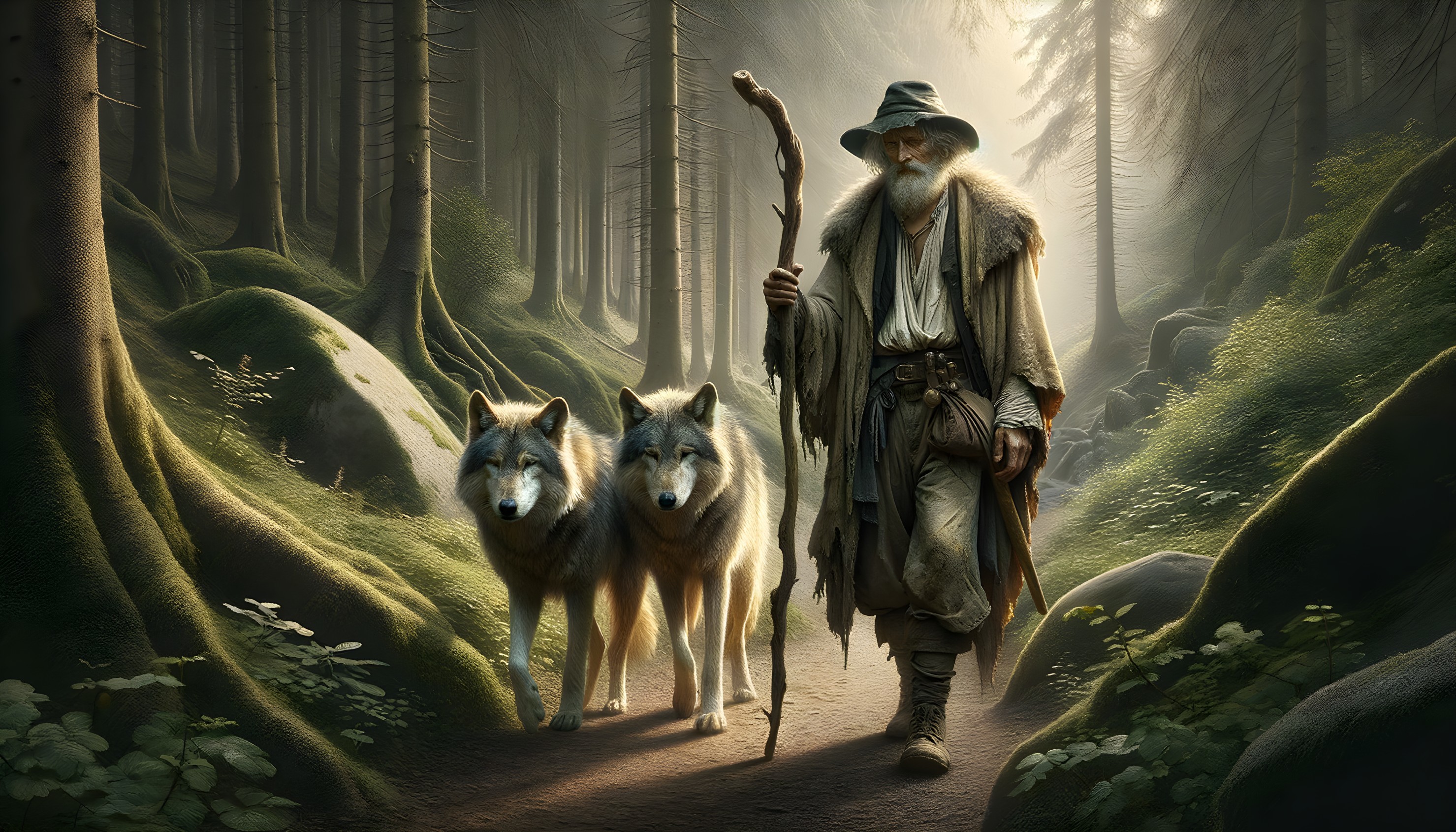 Aged Figure Walking with Wolves in a Mystical Forest