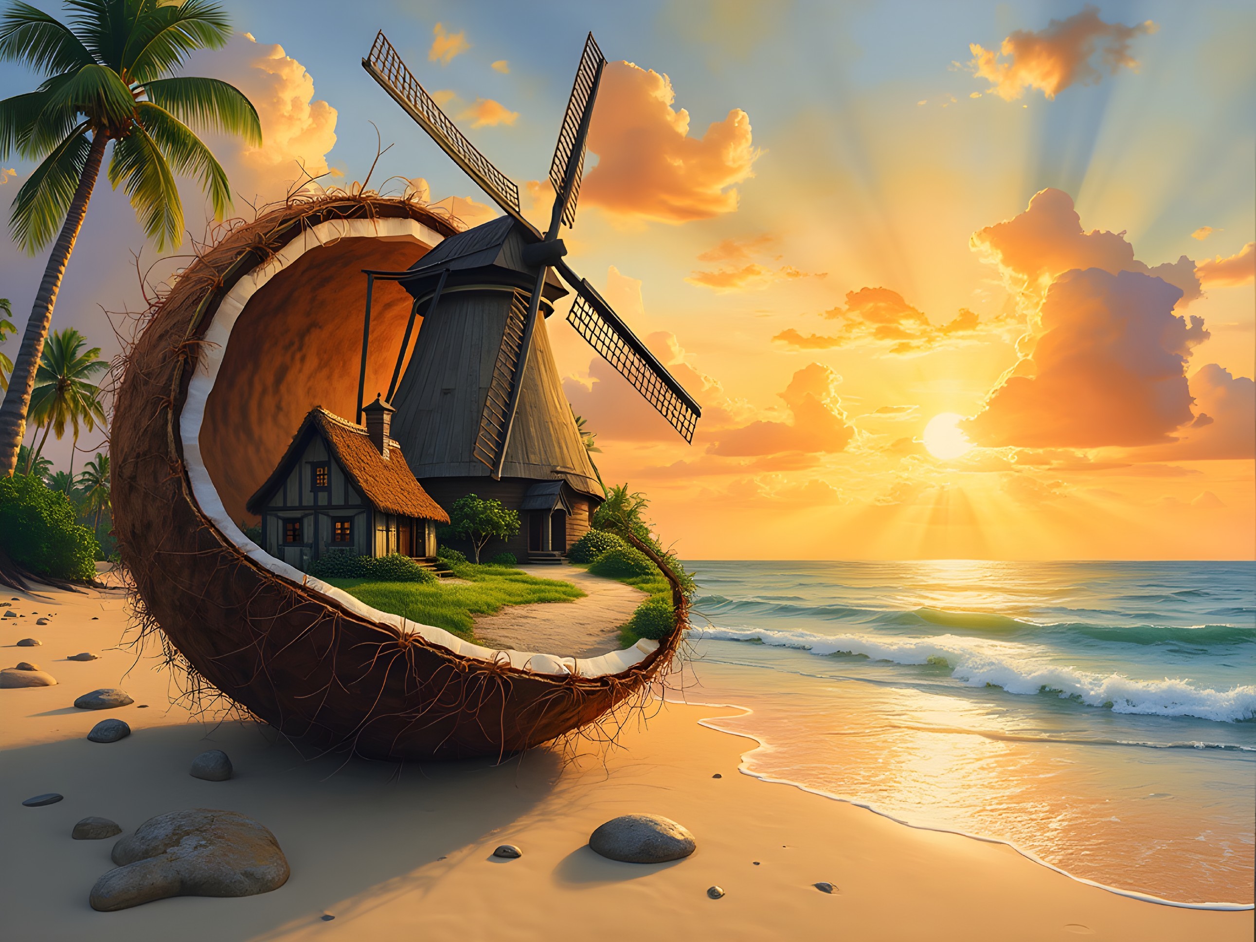 Coconut Shell House with Windmill on Tropical Beach