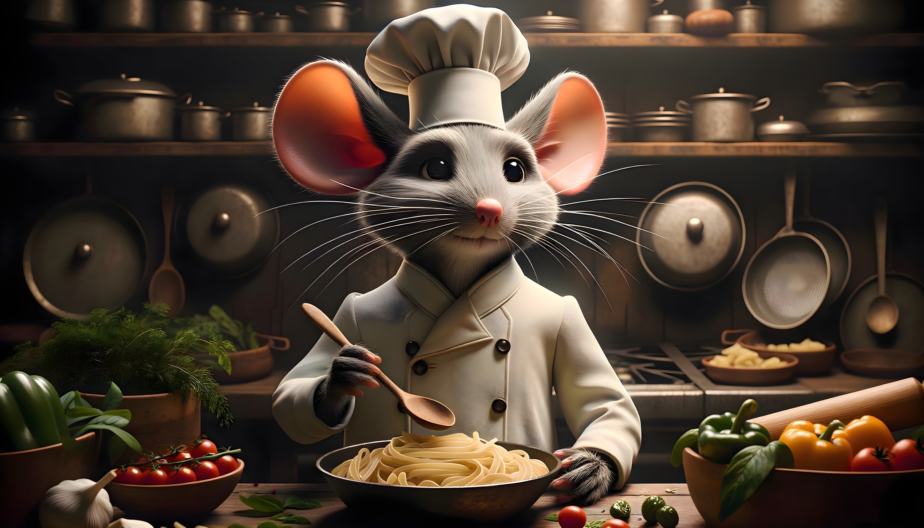 Animated Chef Mouse in Kitchen with Pasta and Vegetables