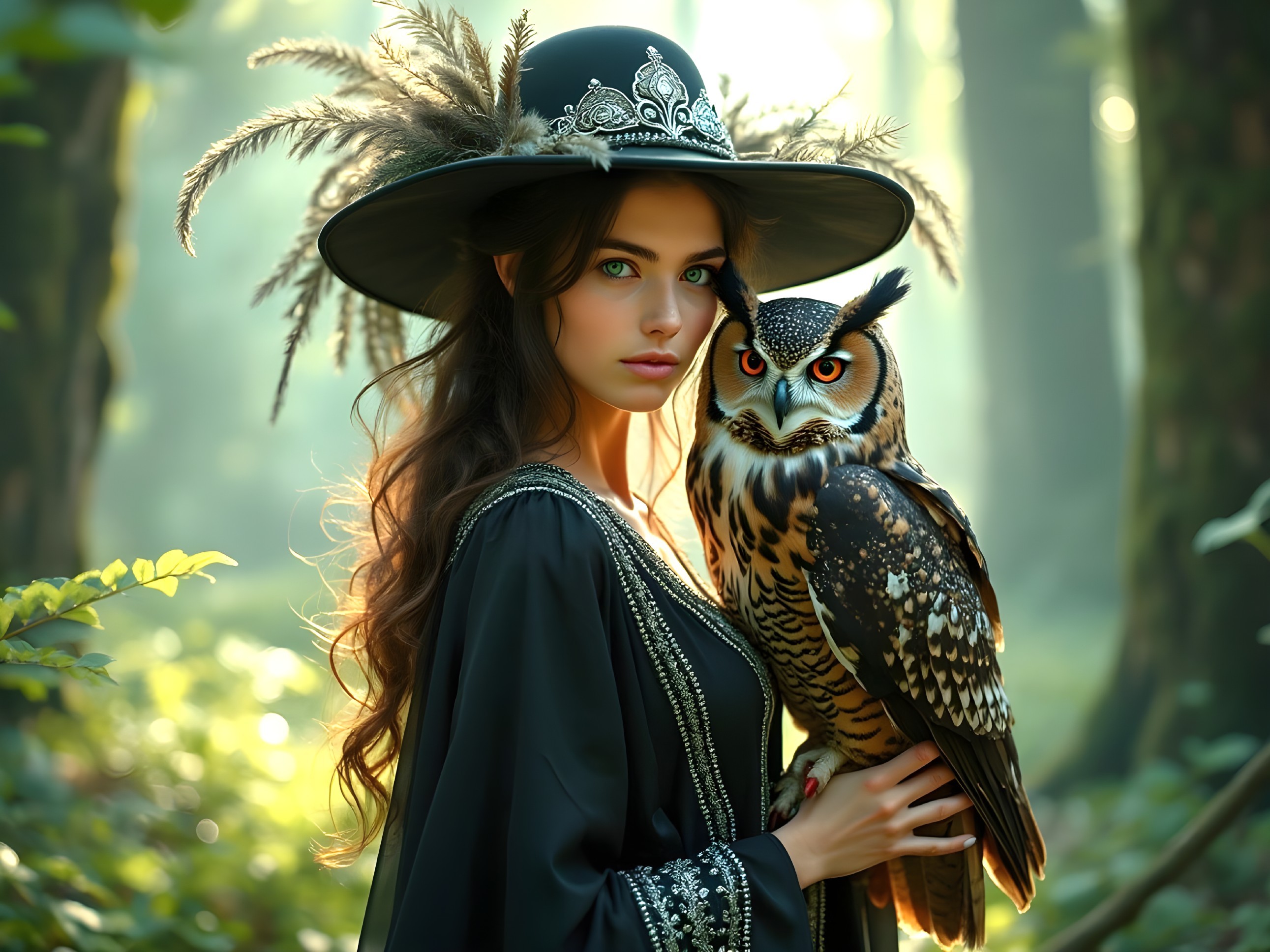 Mystical Forest Scene with Woman and Owl