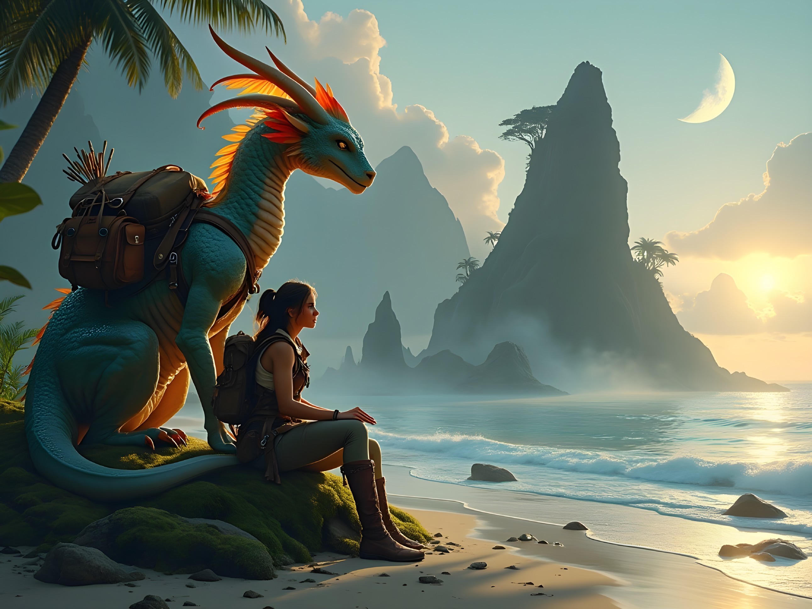 Serene Beach Scene with Woman and Colorful Dragon