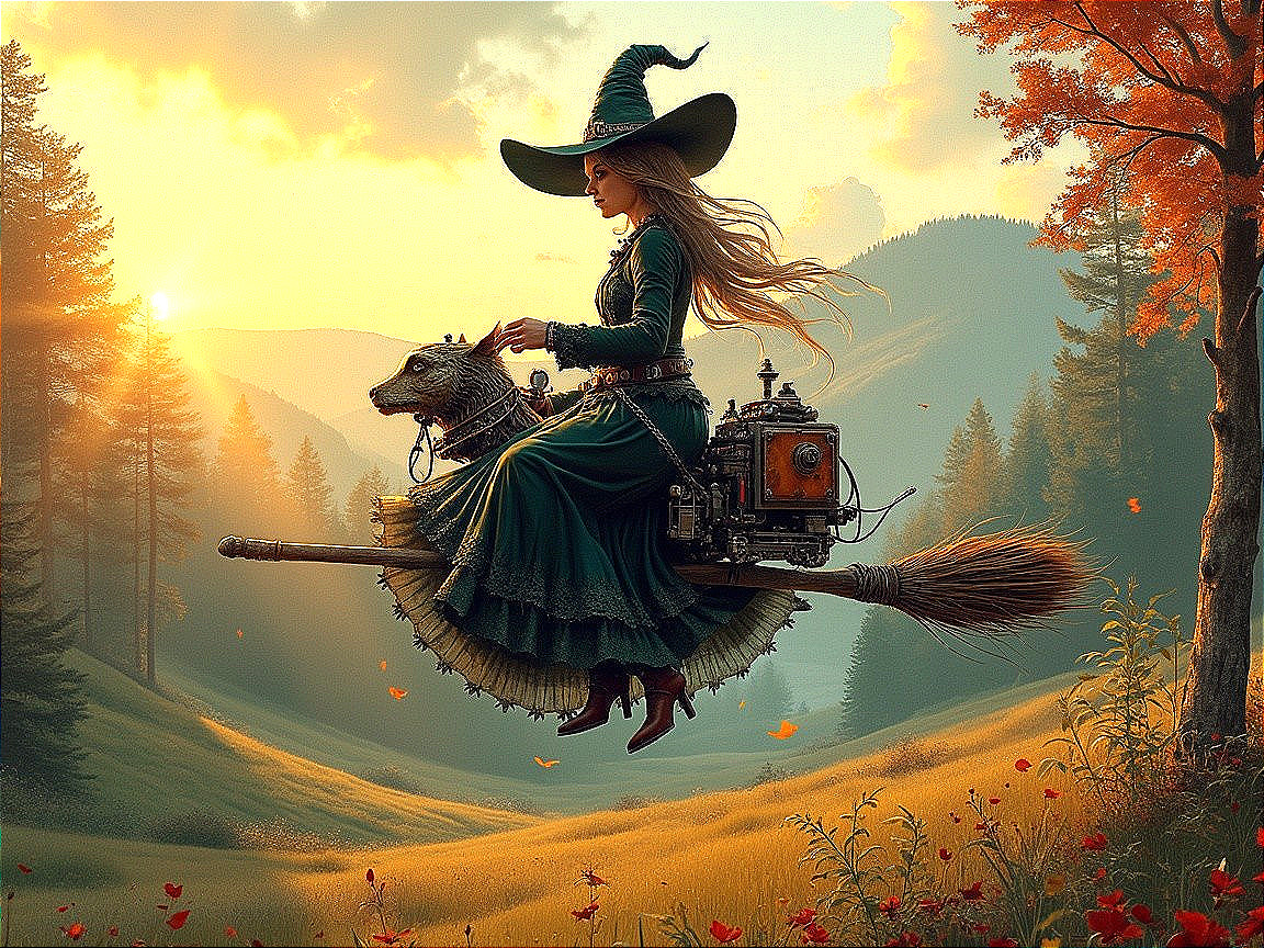 Witch in Green Gown Rides Broomstick at Sunset
