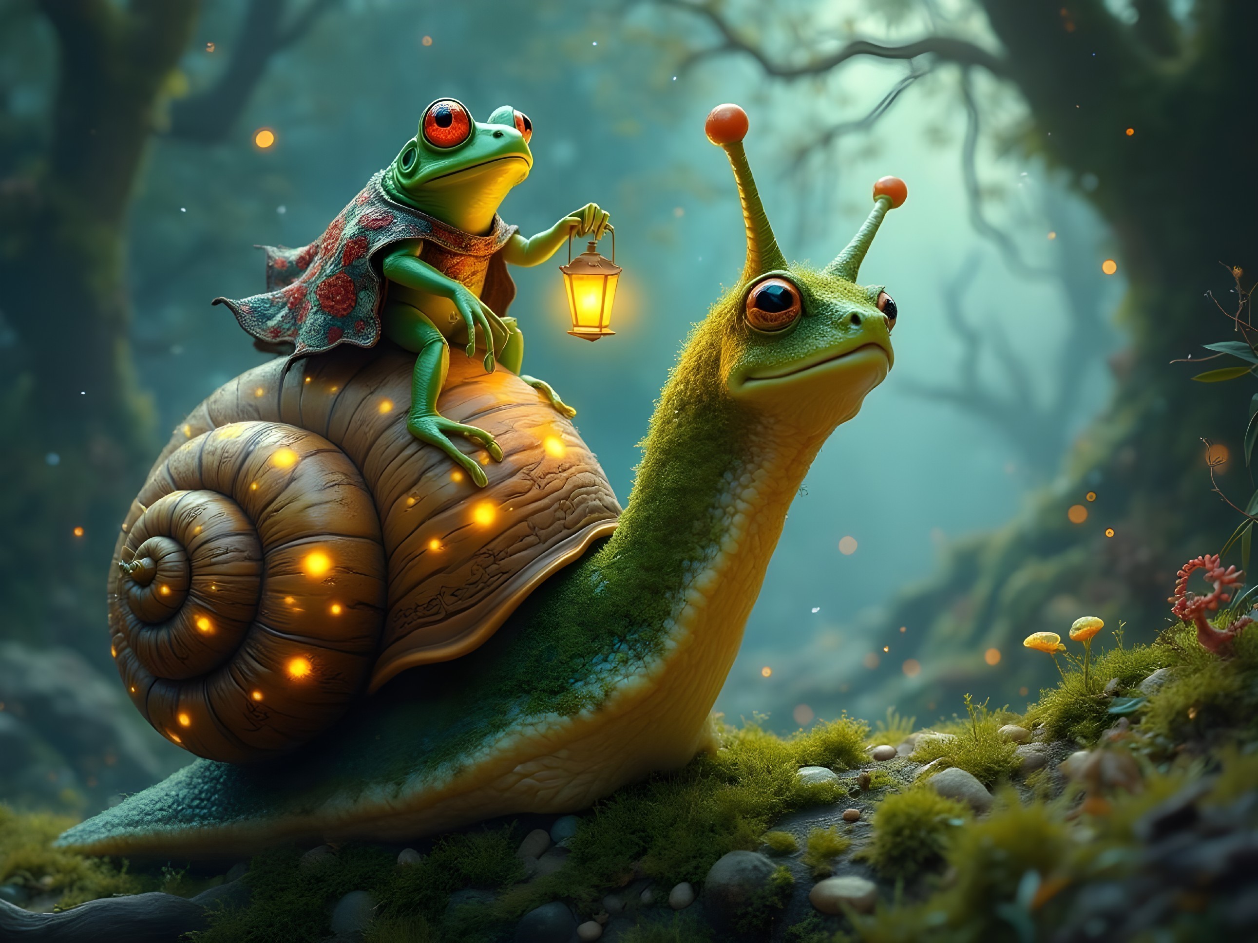 Whimsical Frog on Snail in Enchanted Forest Scene