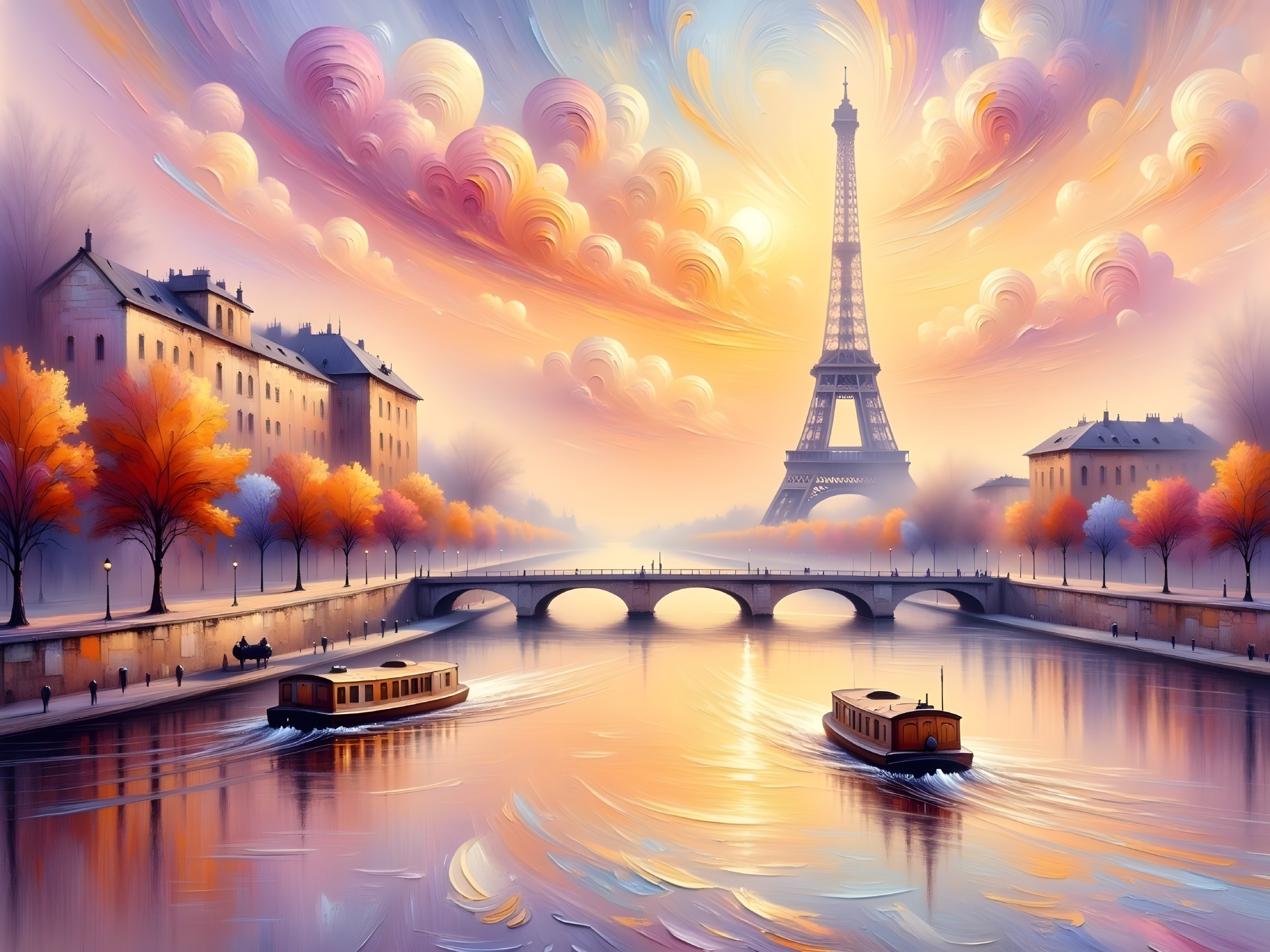Eiffel Tower Sunset View with River and Autumn Trees