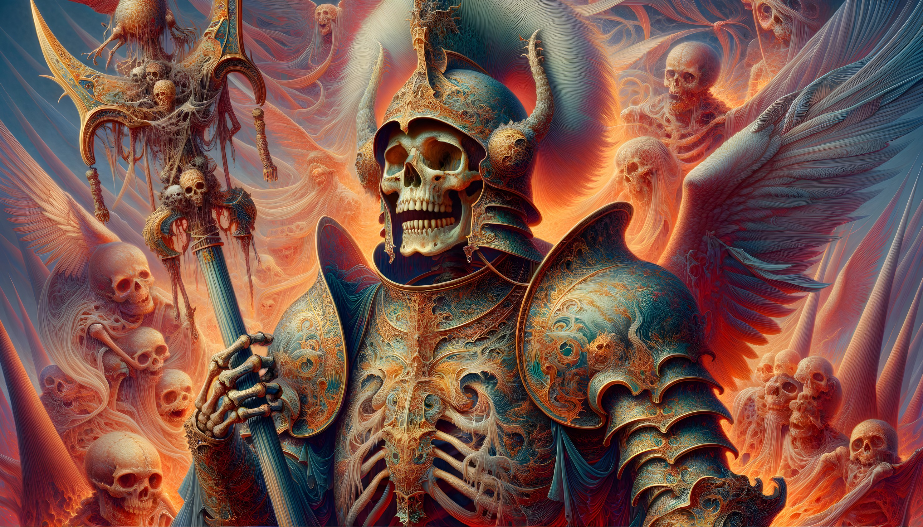 Detailed illustration of skull-faced warrior in armor with wings, surrounded by skulls and ethereal figures in red