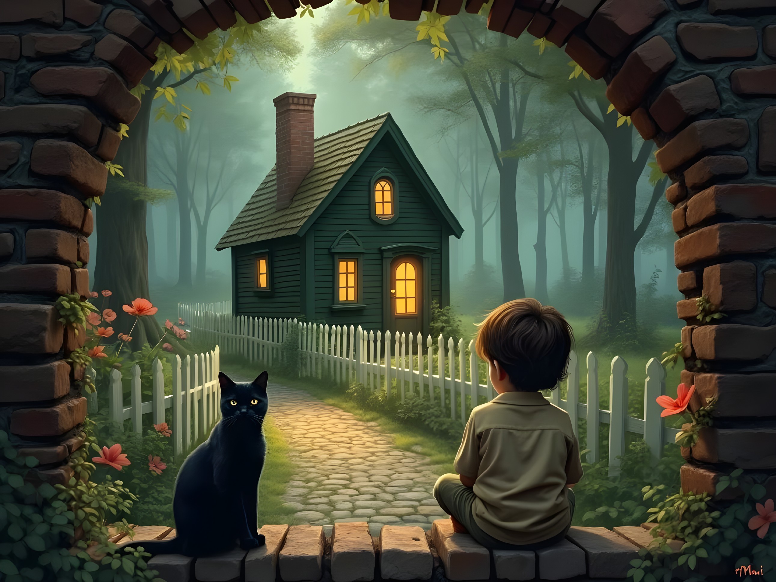 Young boy and black cat by a cottage in the forest