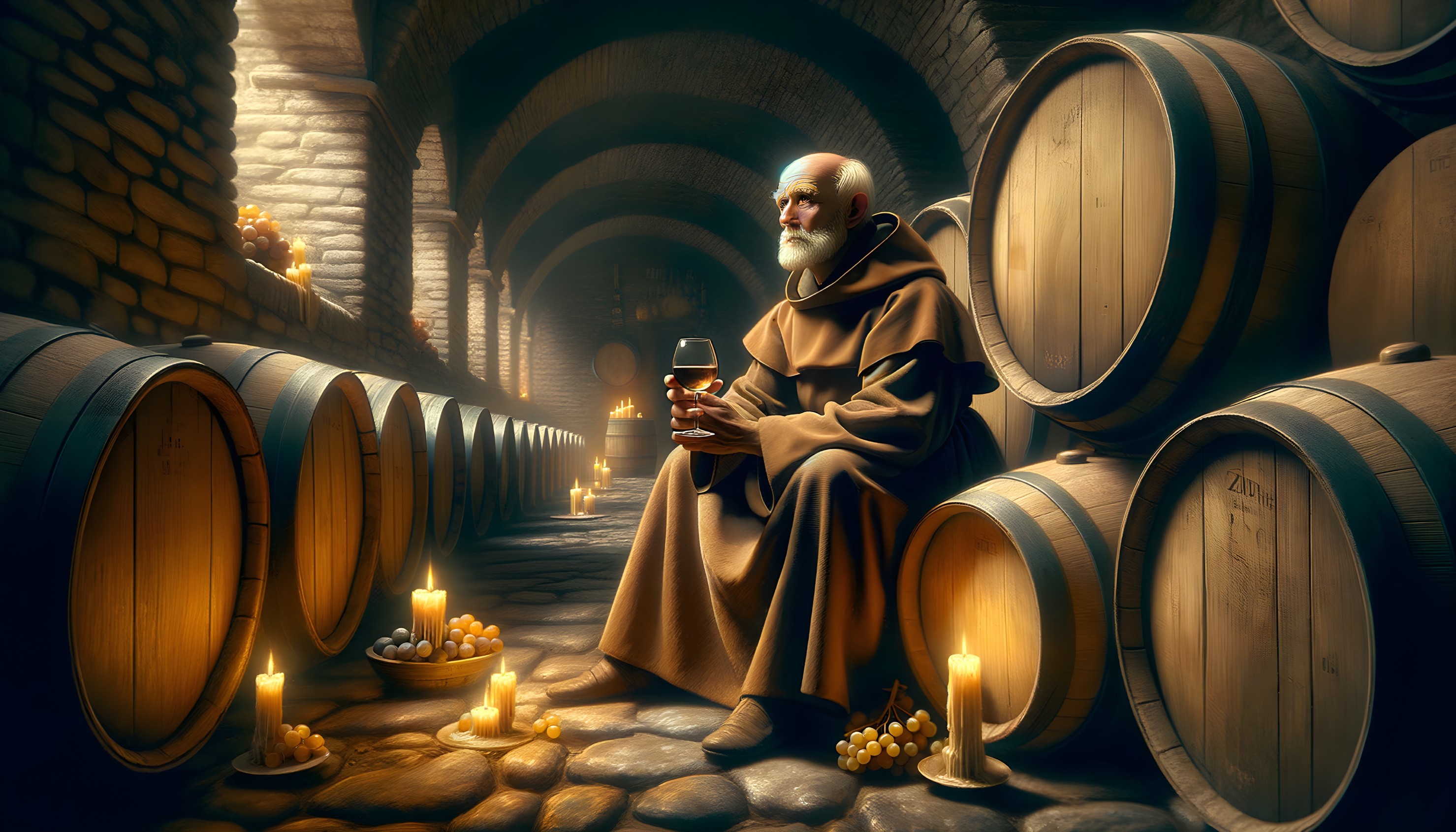 Monk in Stone Cellar with Goblet and Candlelight