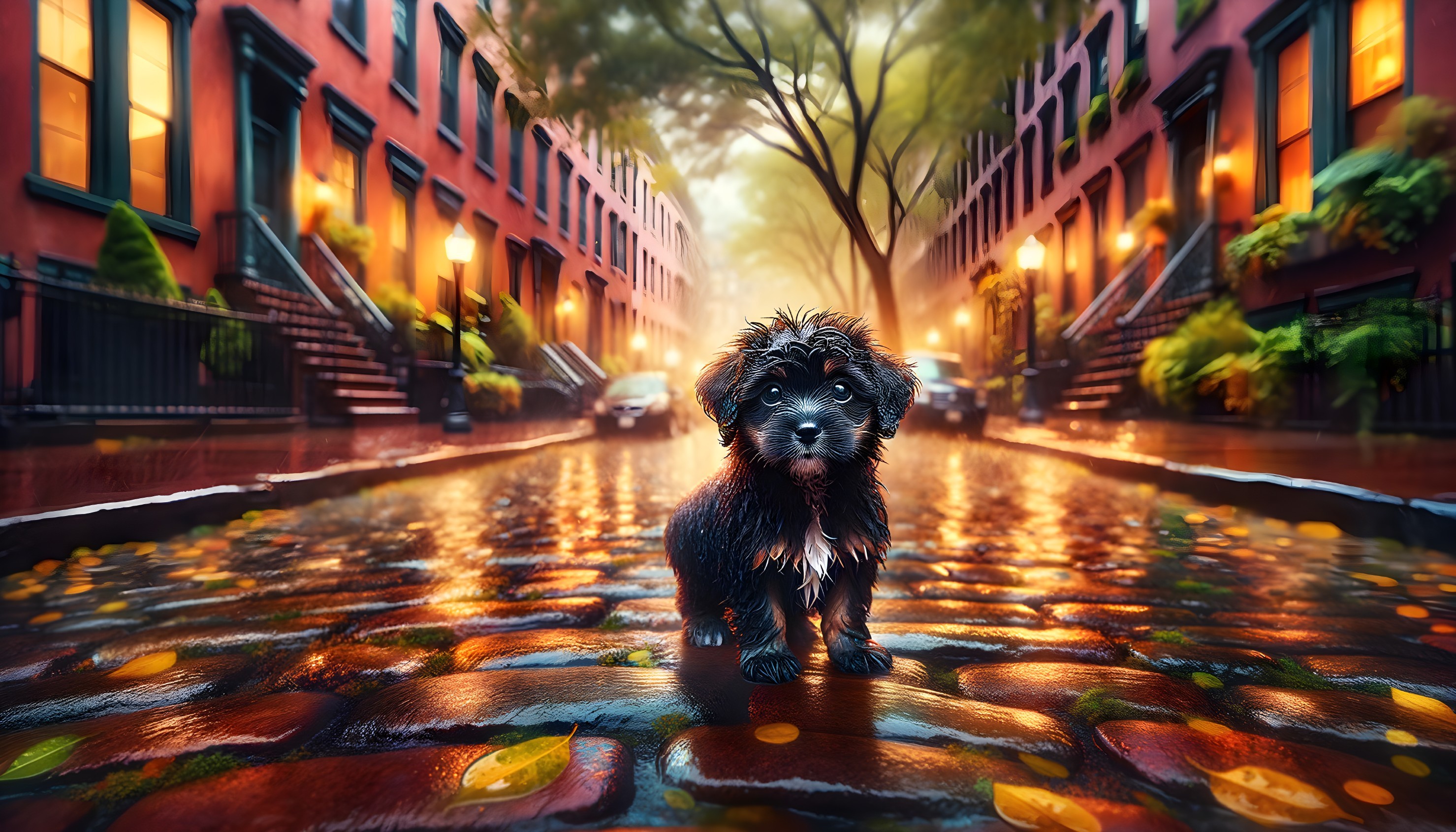 Fluffy Black Puppy on Rainy Cobblestone Street