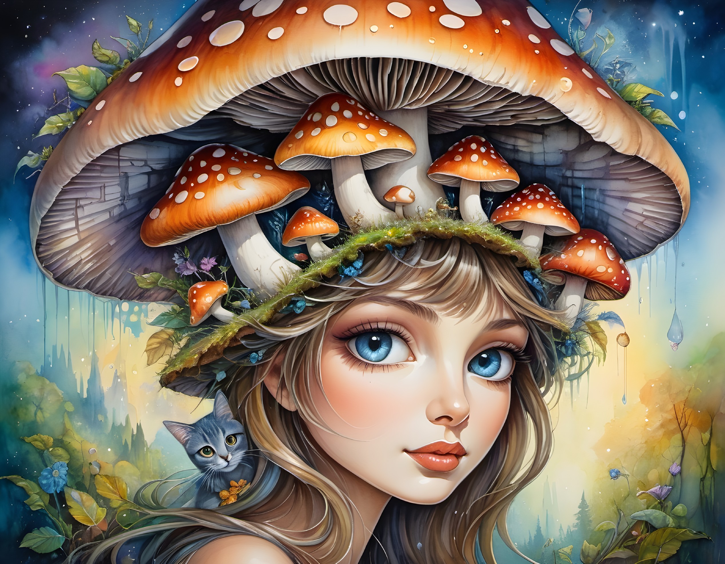 Whimsical illustration of a girl with mushroom crown