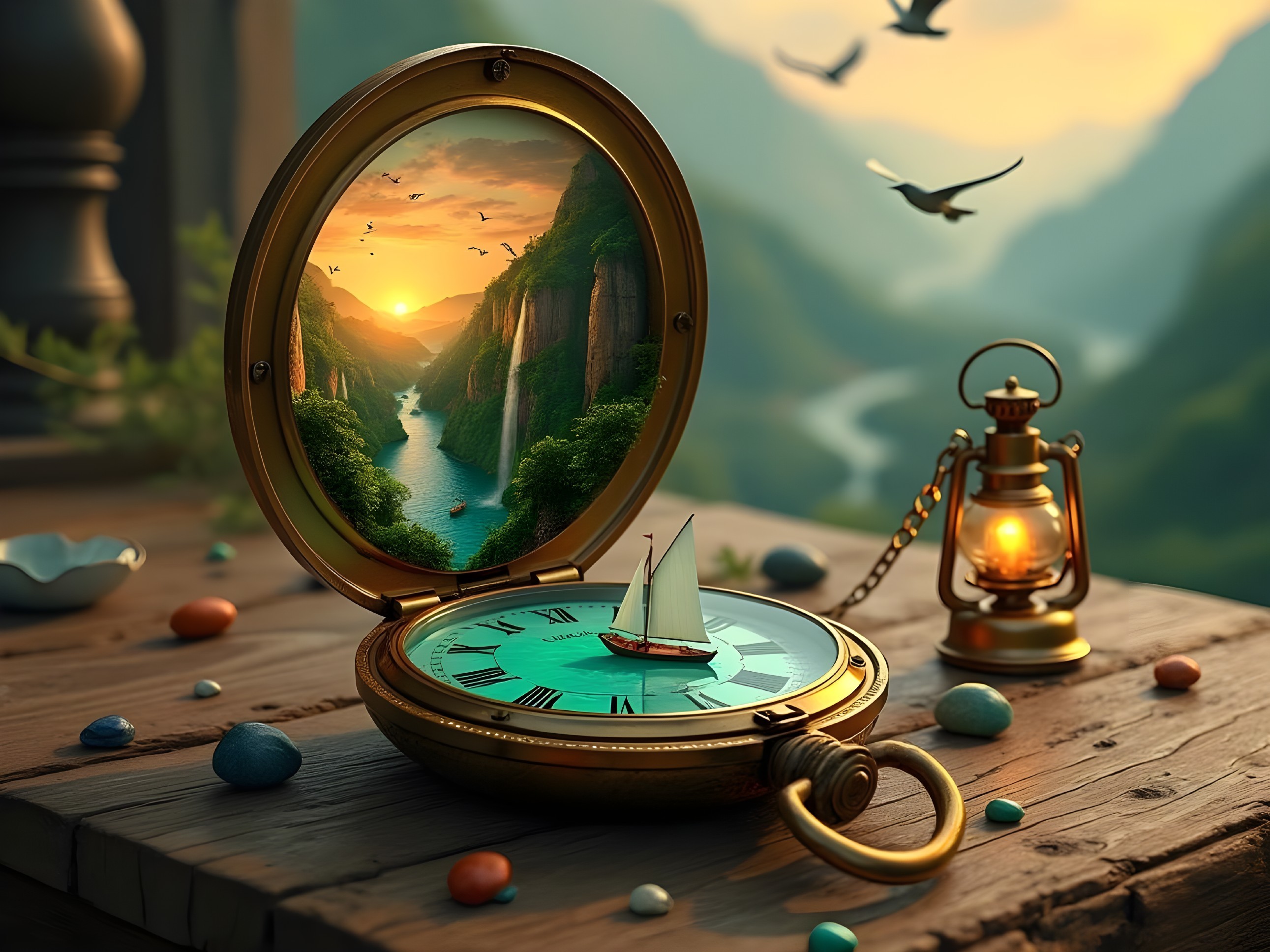 Vintage Pocket Watch with Serene Landscape Inside