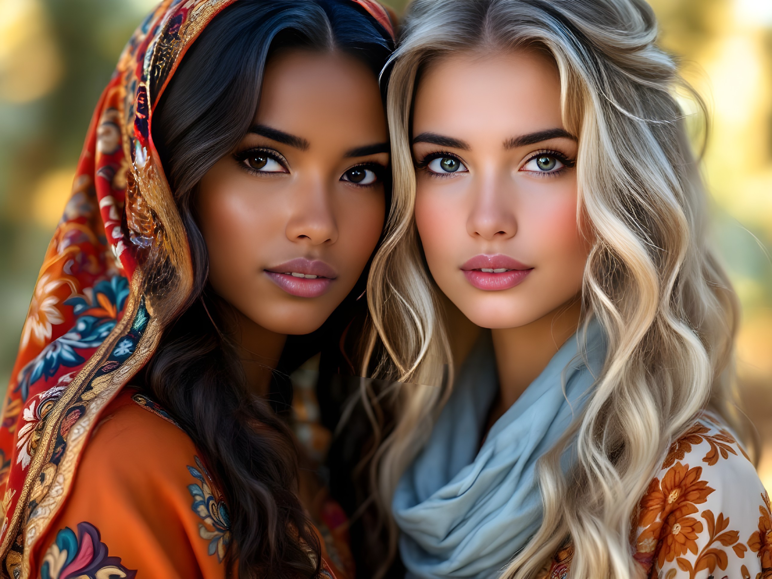 Young women with diverse features in nature backdrop