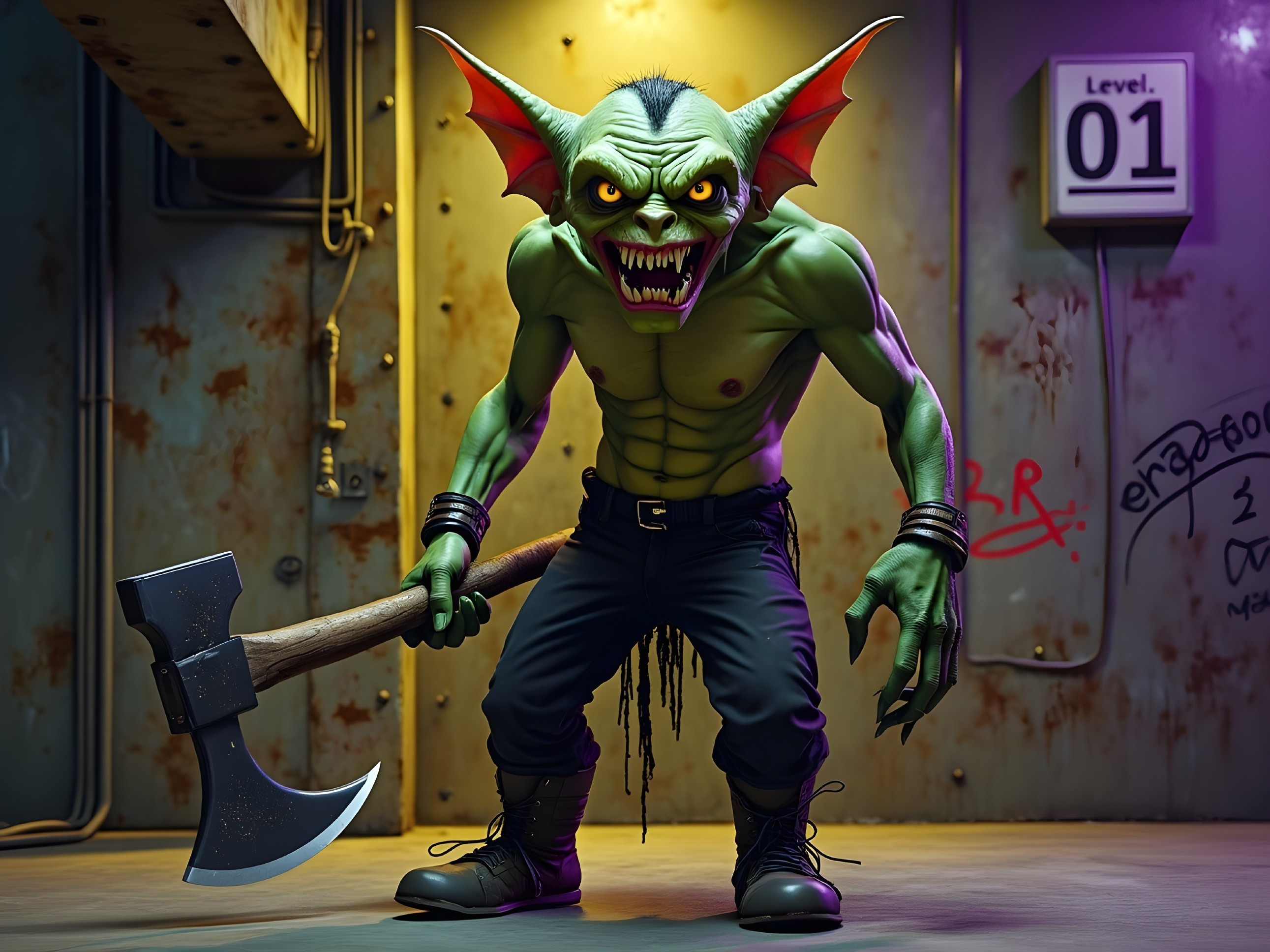 Menacing Goblin with Axe in Gritty Environment