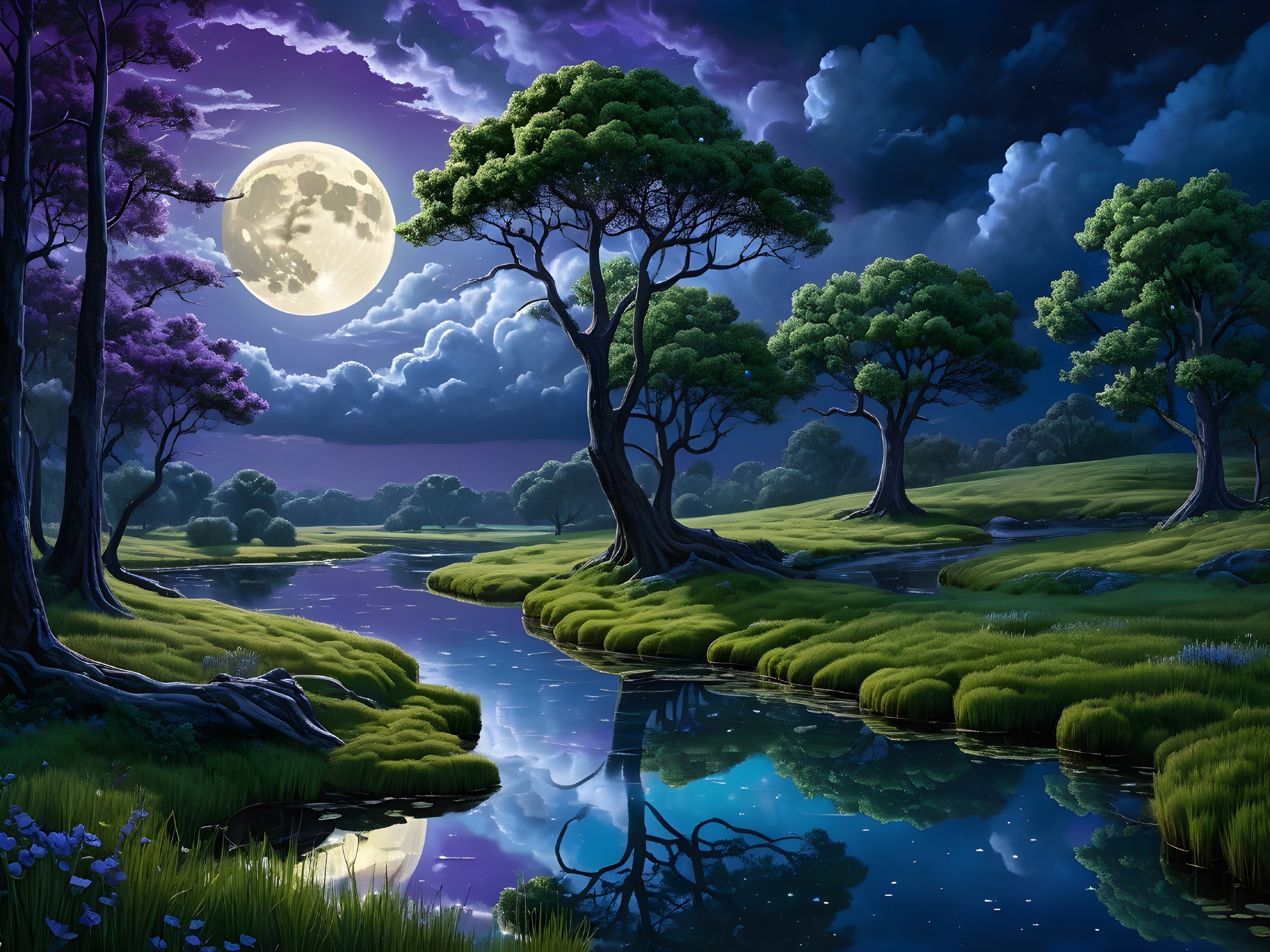 Serene Night Landscape with Full Moon and Tranquil River