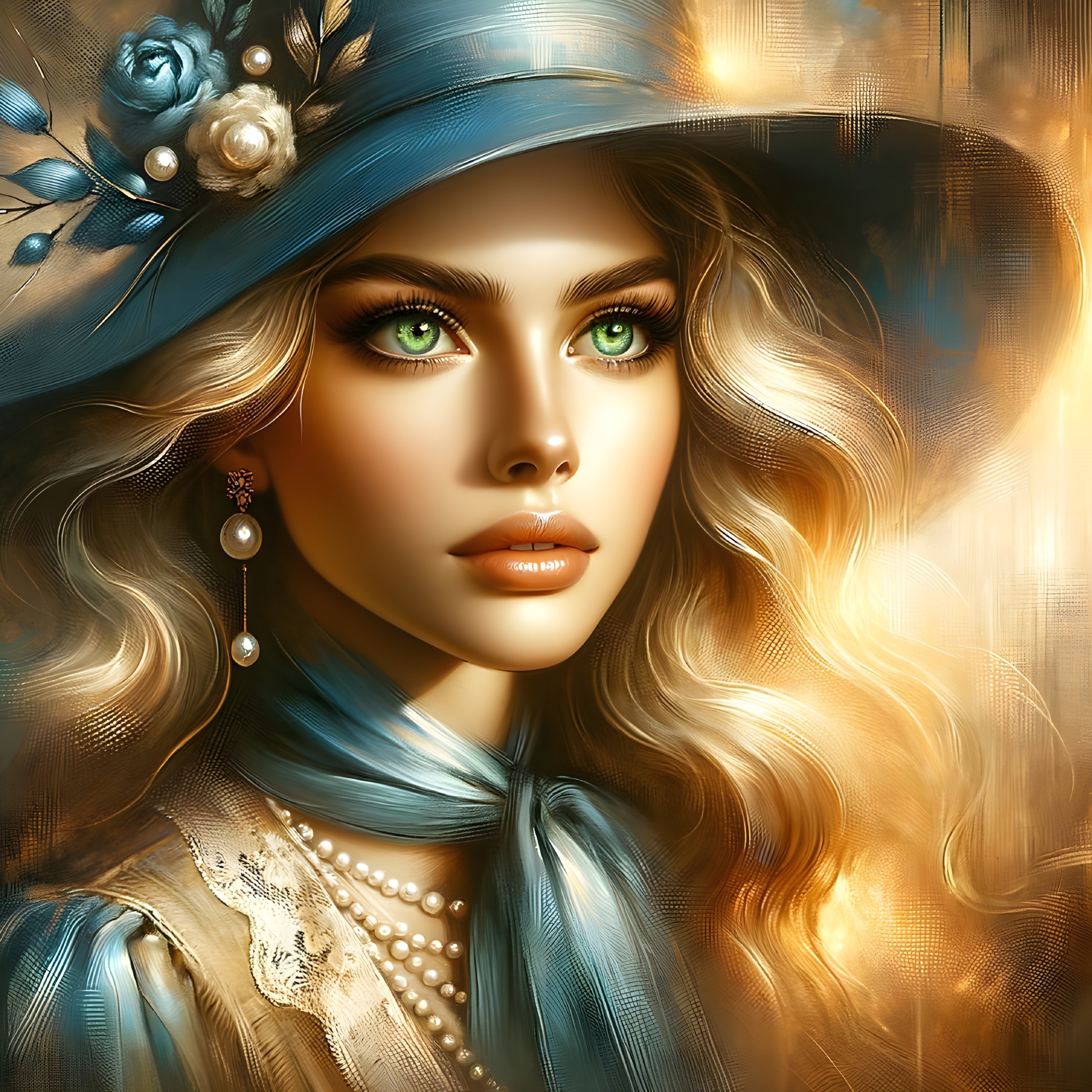 Elegant woman with captivating green eyes and hat