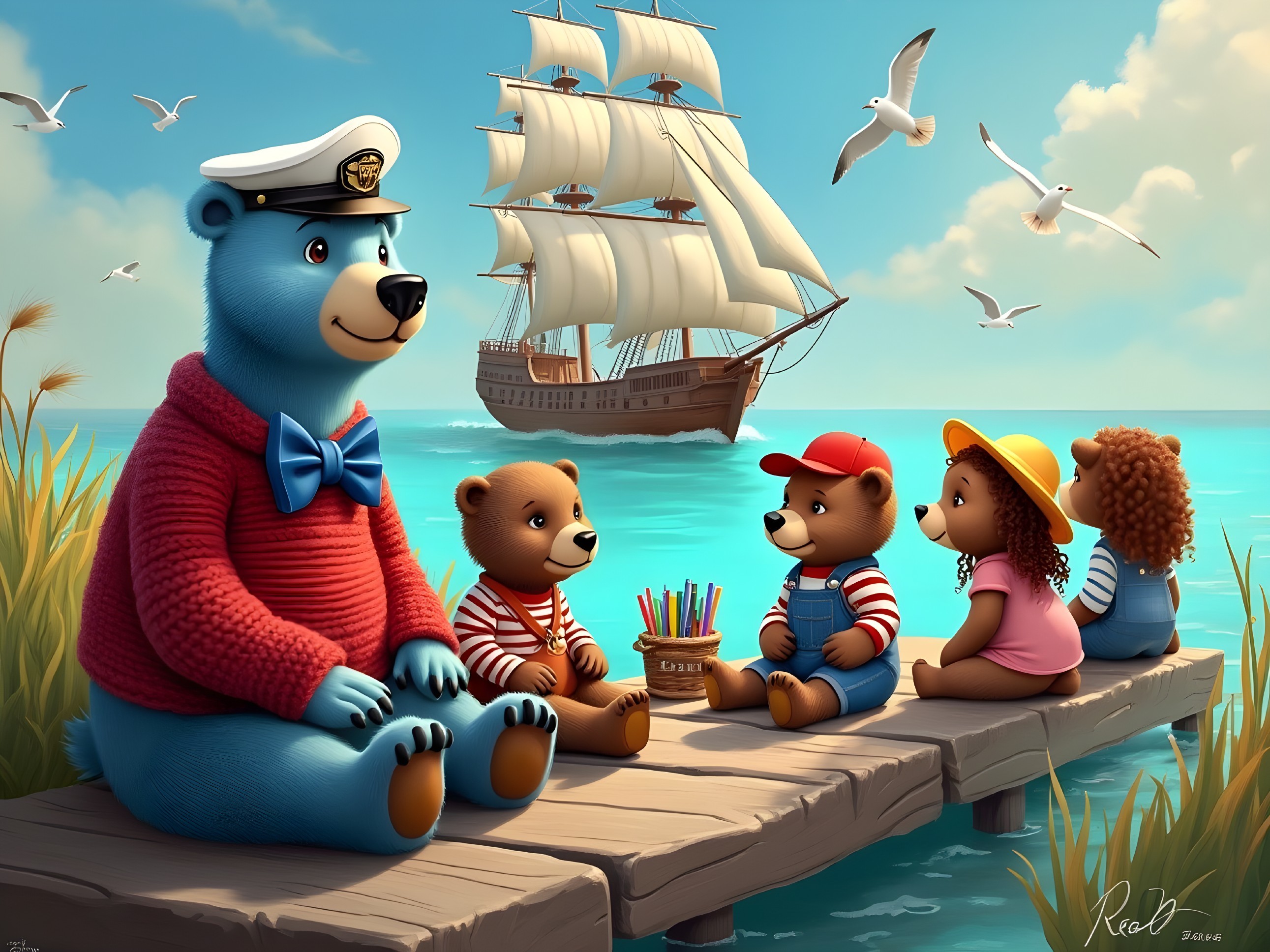Friendly bear with cubs by the dock and sailing ship