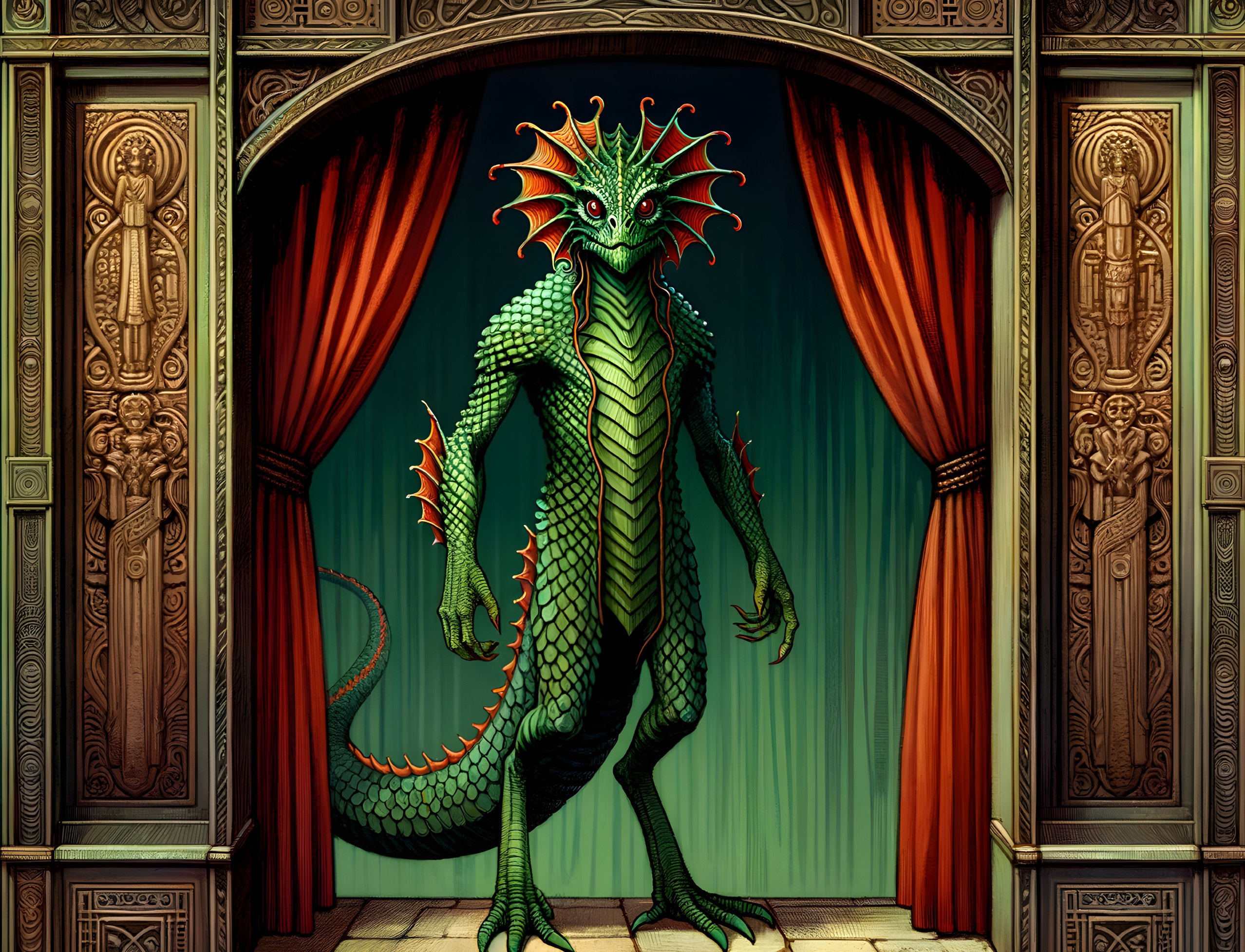 Humanoid Reptilian Creature in Theatrical Stage Scene