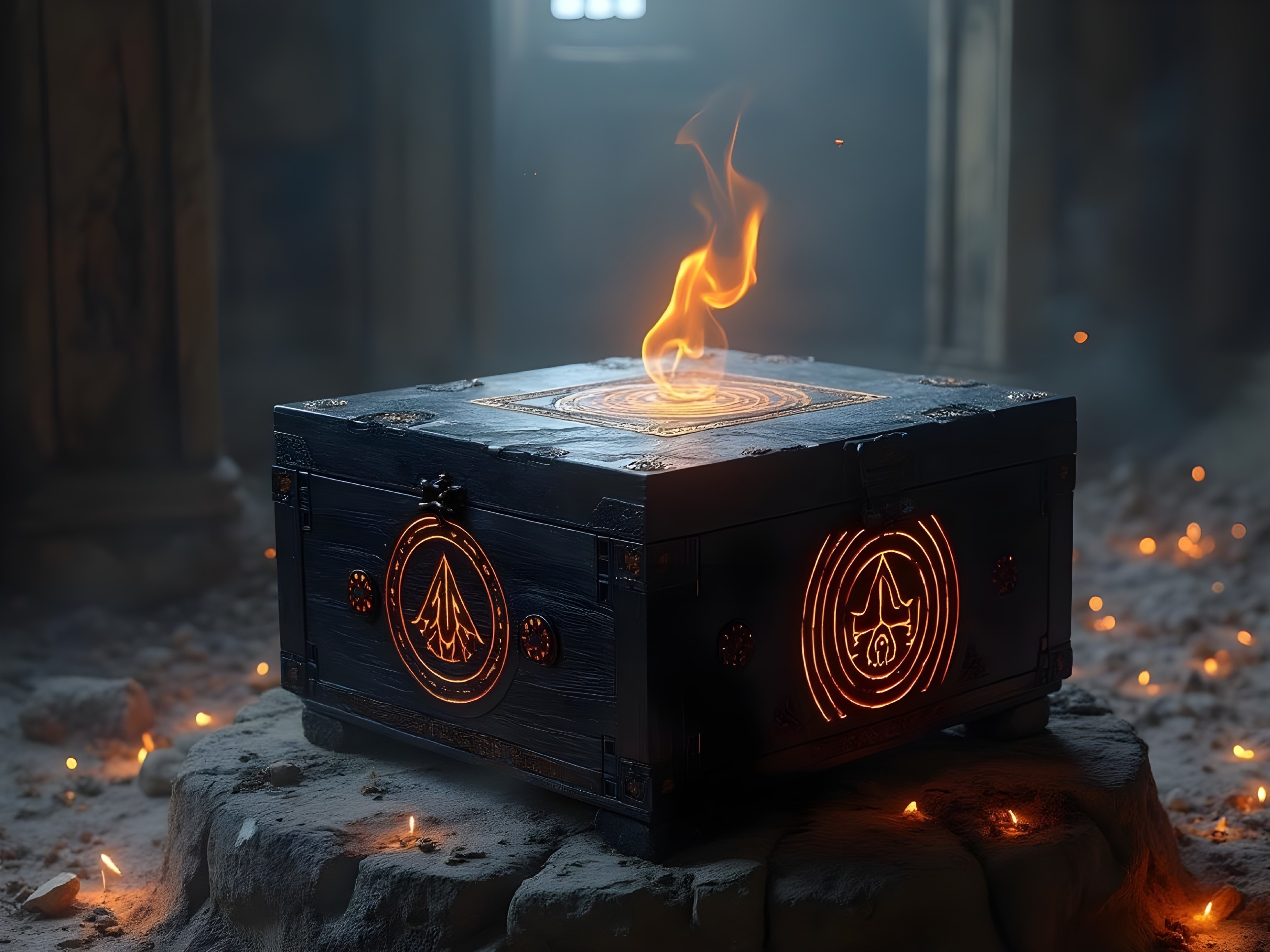 Ornate wooden box with mystical carvings and flame