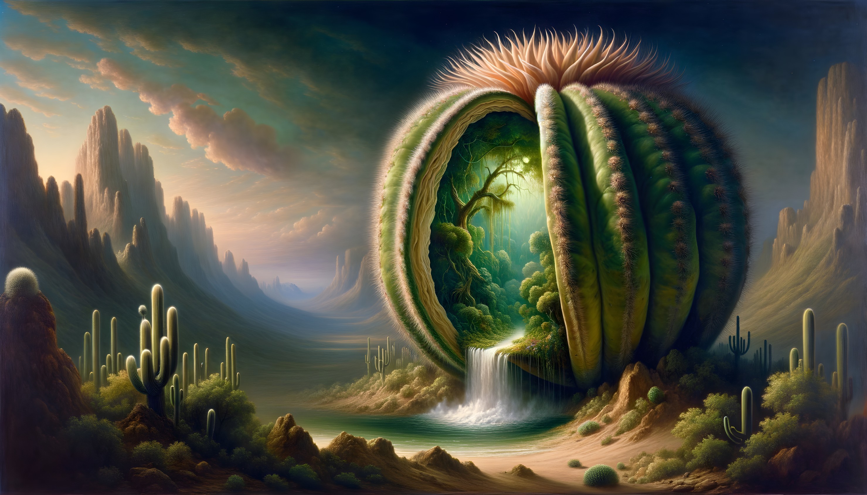 Surreal Landscape with Giant Cactus and Waterfall