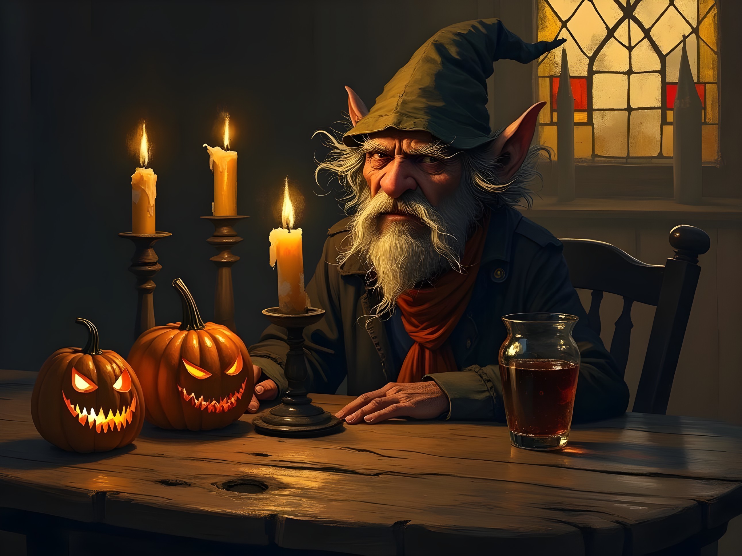Old Man with Pumpkins in Dimly Lit Room