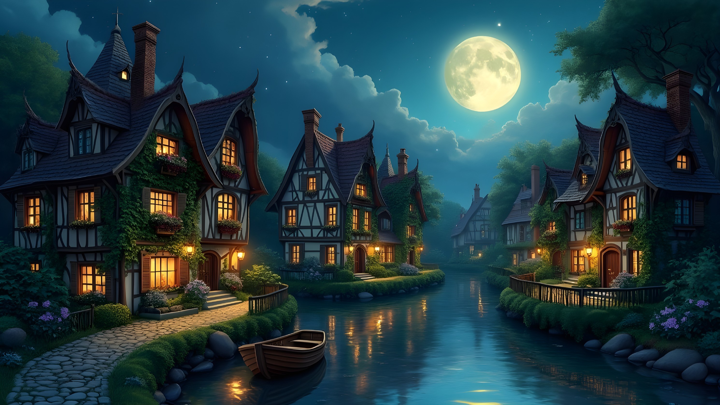 Picturesque Village Scene Under Full Moonlight
