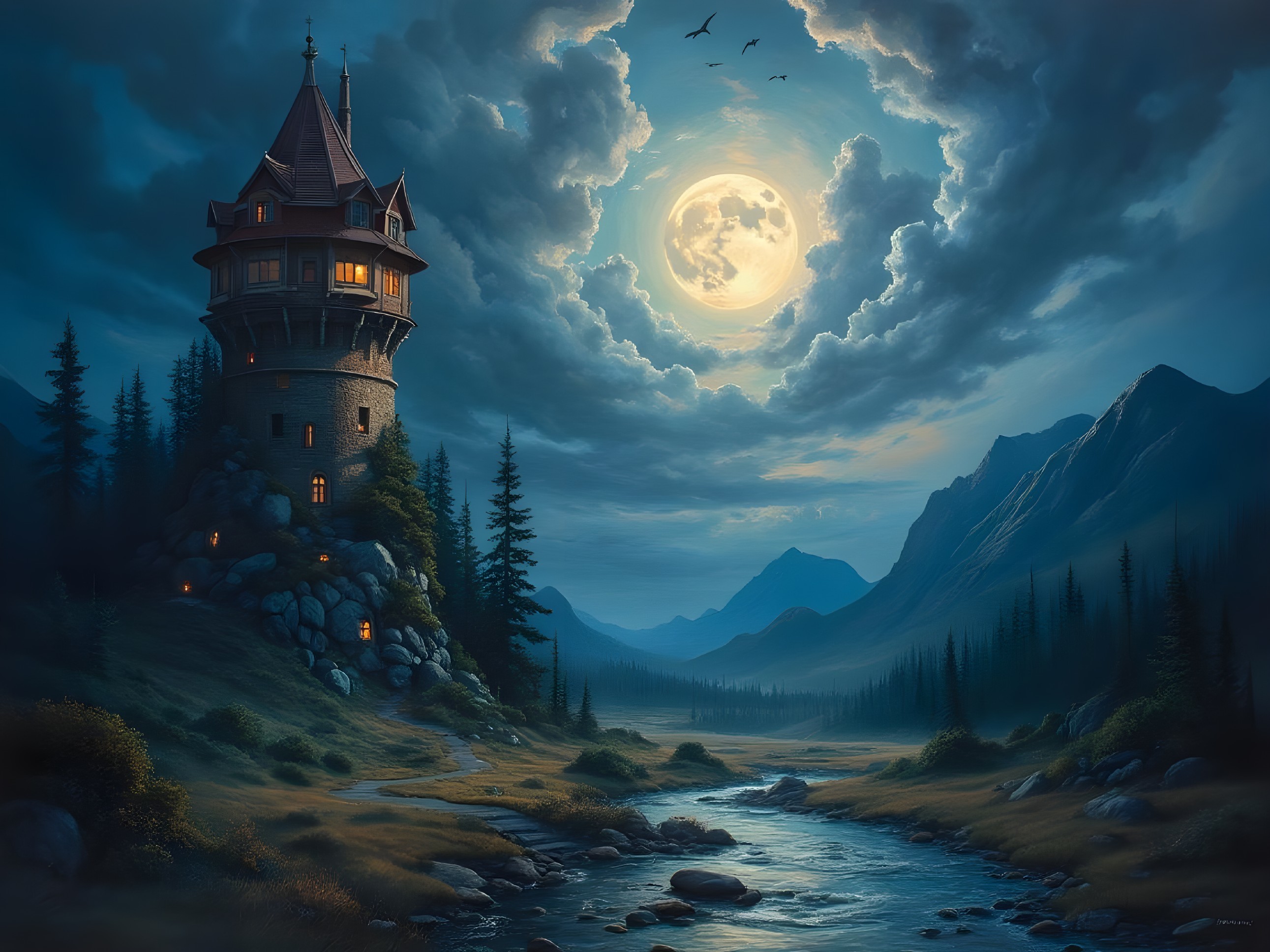 Majestic tower illuminated by moonlight in serene landscape