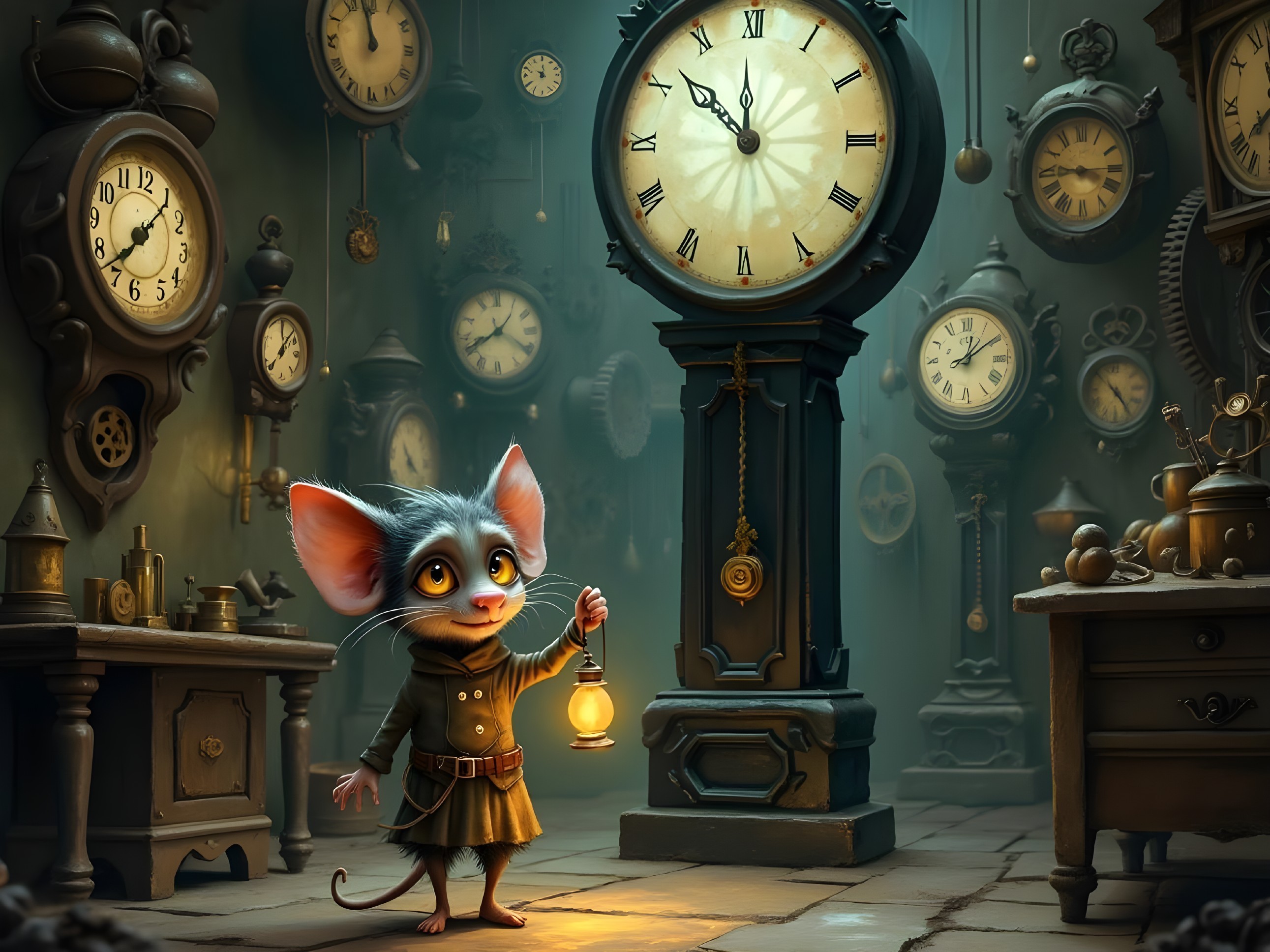 Whimsical Mouse with Lantern in Clock-Filled Room
