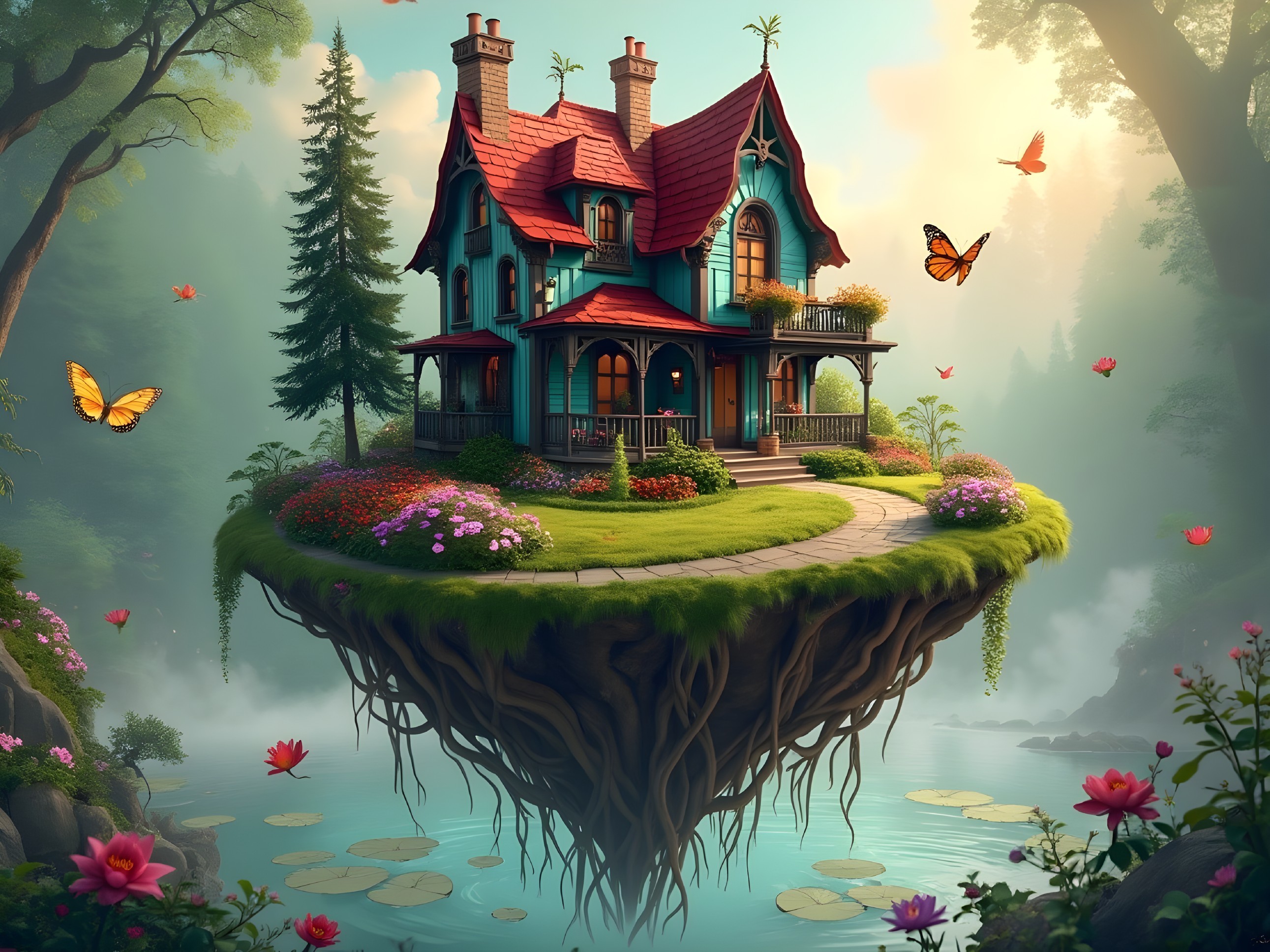 Whimsical Floating House in a Vibrant Landscape