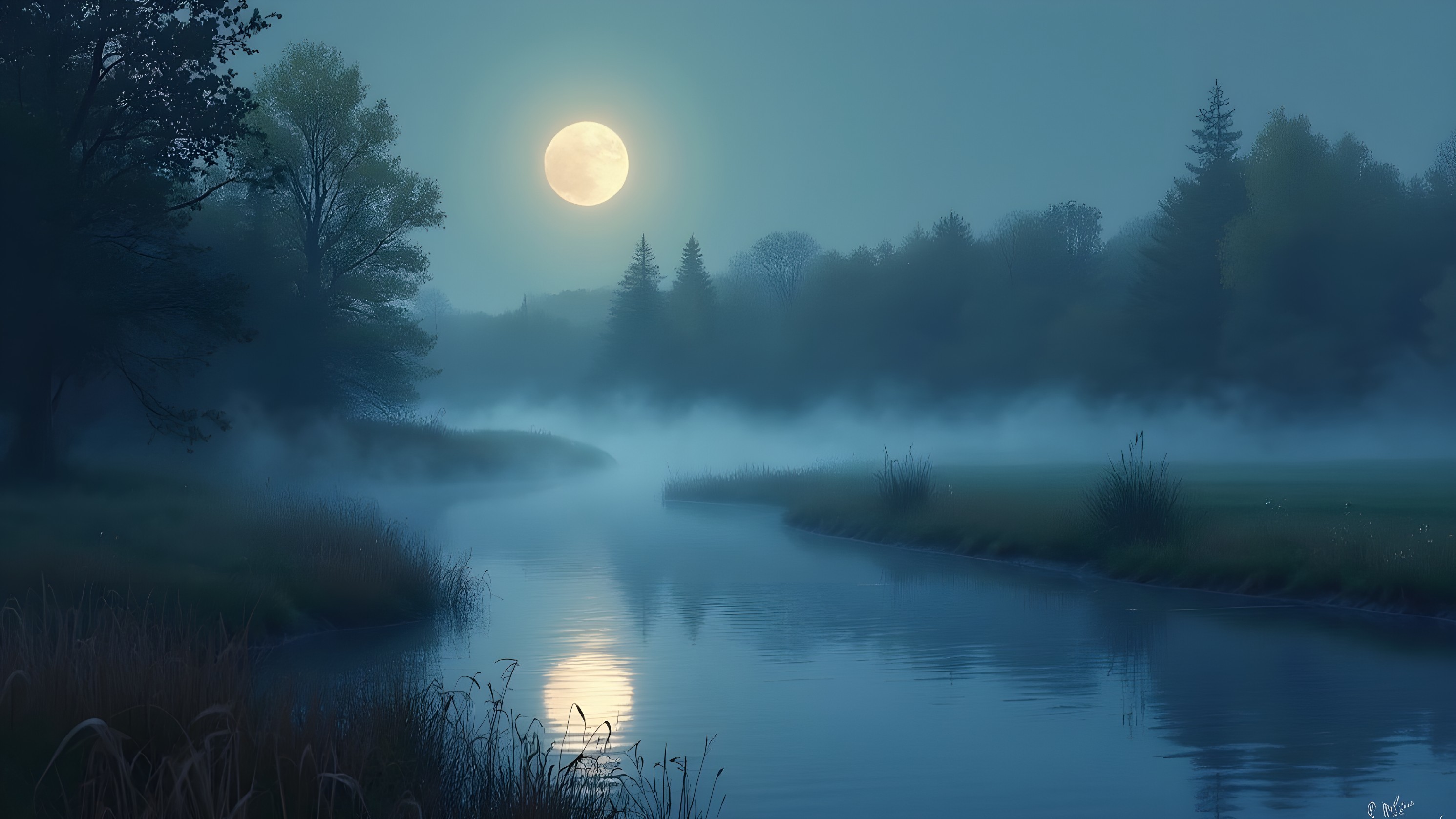 Serene River Scene with Moonlit Mist and Trees
