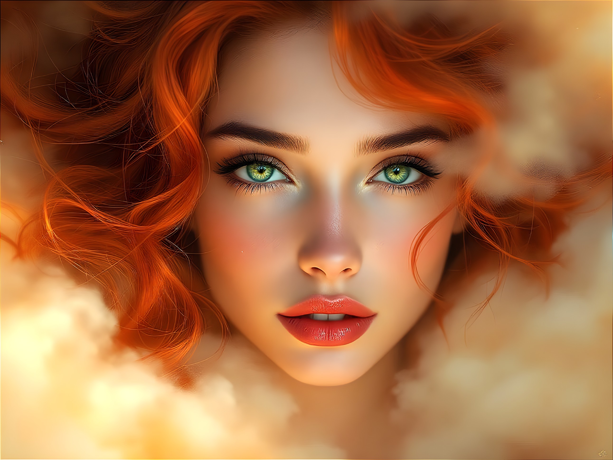 Portrait of a Young Woman with Red Hair and Green Eyes