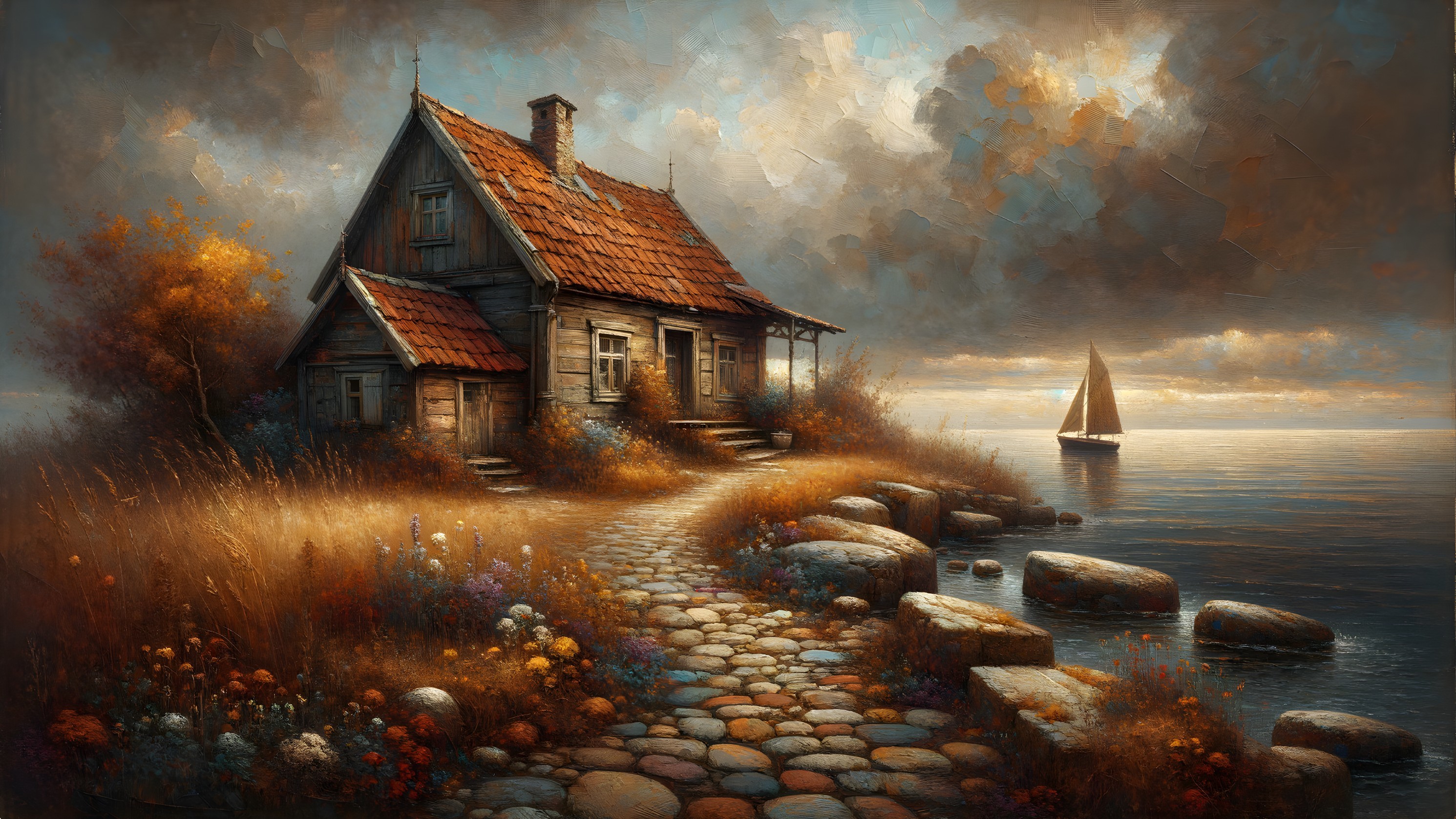 Wooden house by tranquil water with colorful flowers