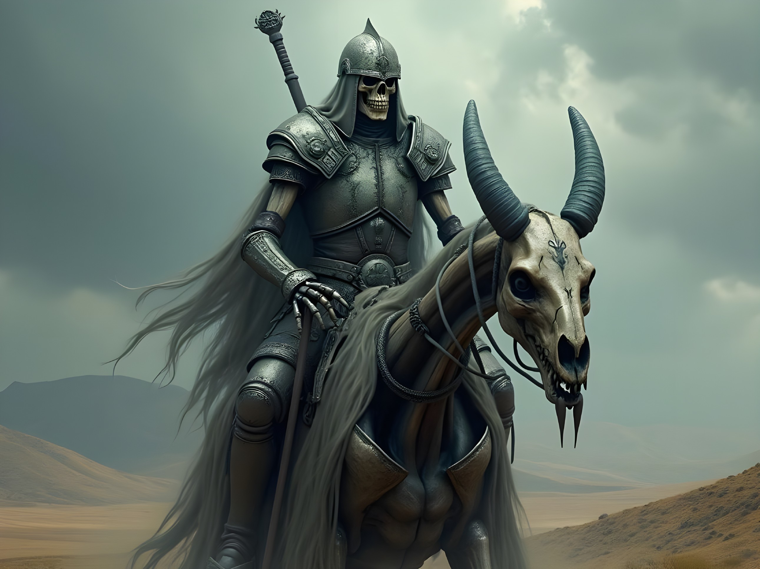 Skeletal Warrior on Menacing Horse in Dark Fantasy Setting