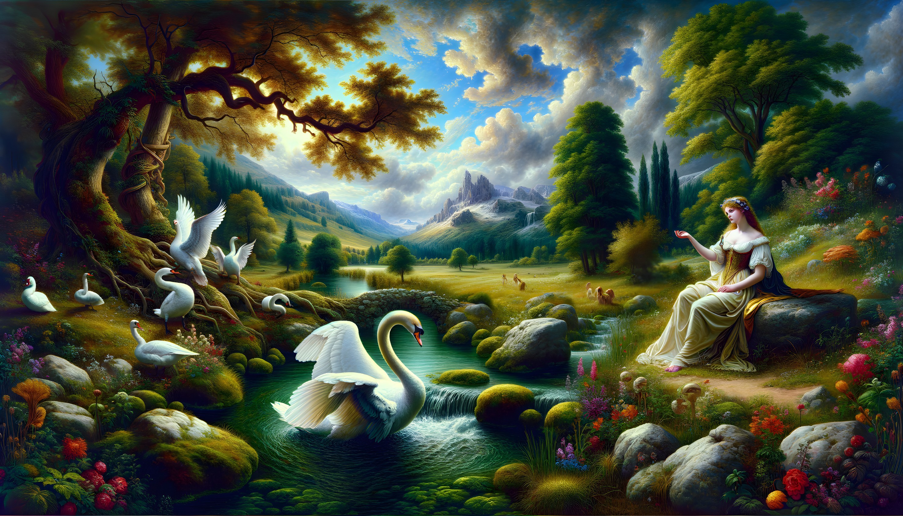 Serene Landscape with Woman by Pond and Swans